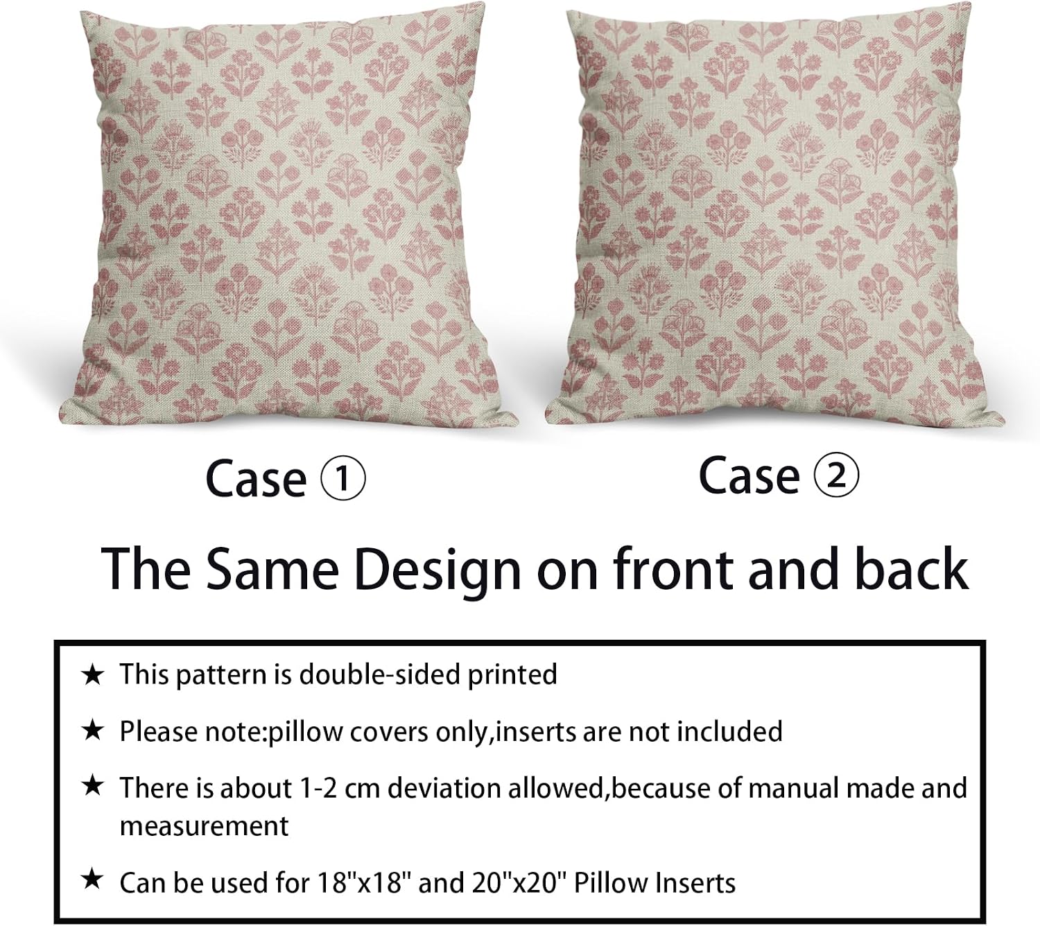 Pink Floral Block Print Pillow Covers 20x20 Inch Set of 2, Vintage Flower Decorative Throw Pillowcases for Home, Bedroom, Living Room…