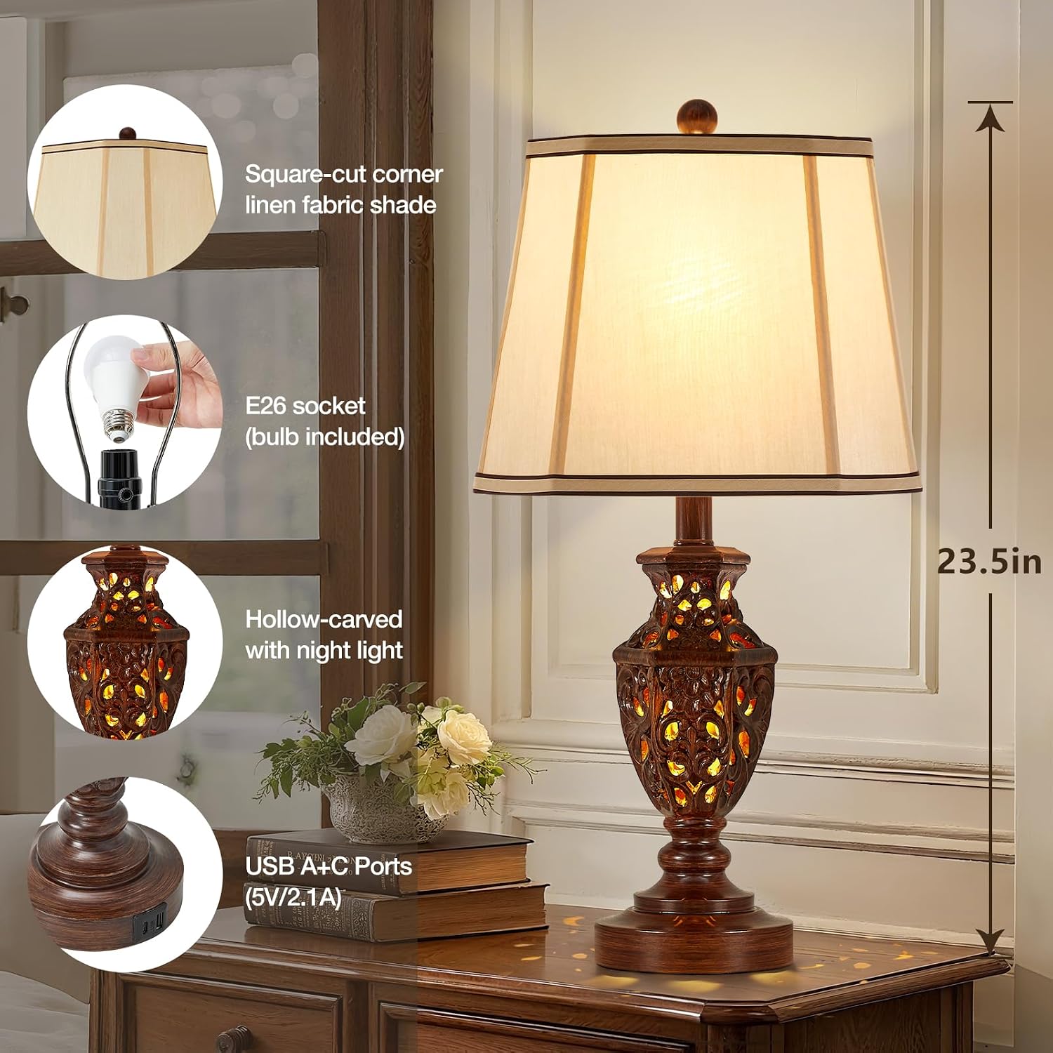 EJIAXIN Lamps for Night Stands Set of 2-23.5" Vintage Bedside Lamp with USB A+C and Nightlight - Brown Retro Carved Resin Farmhouse Desk…