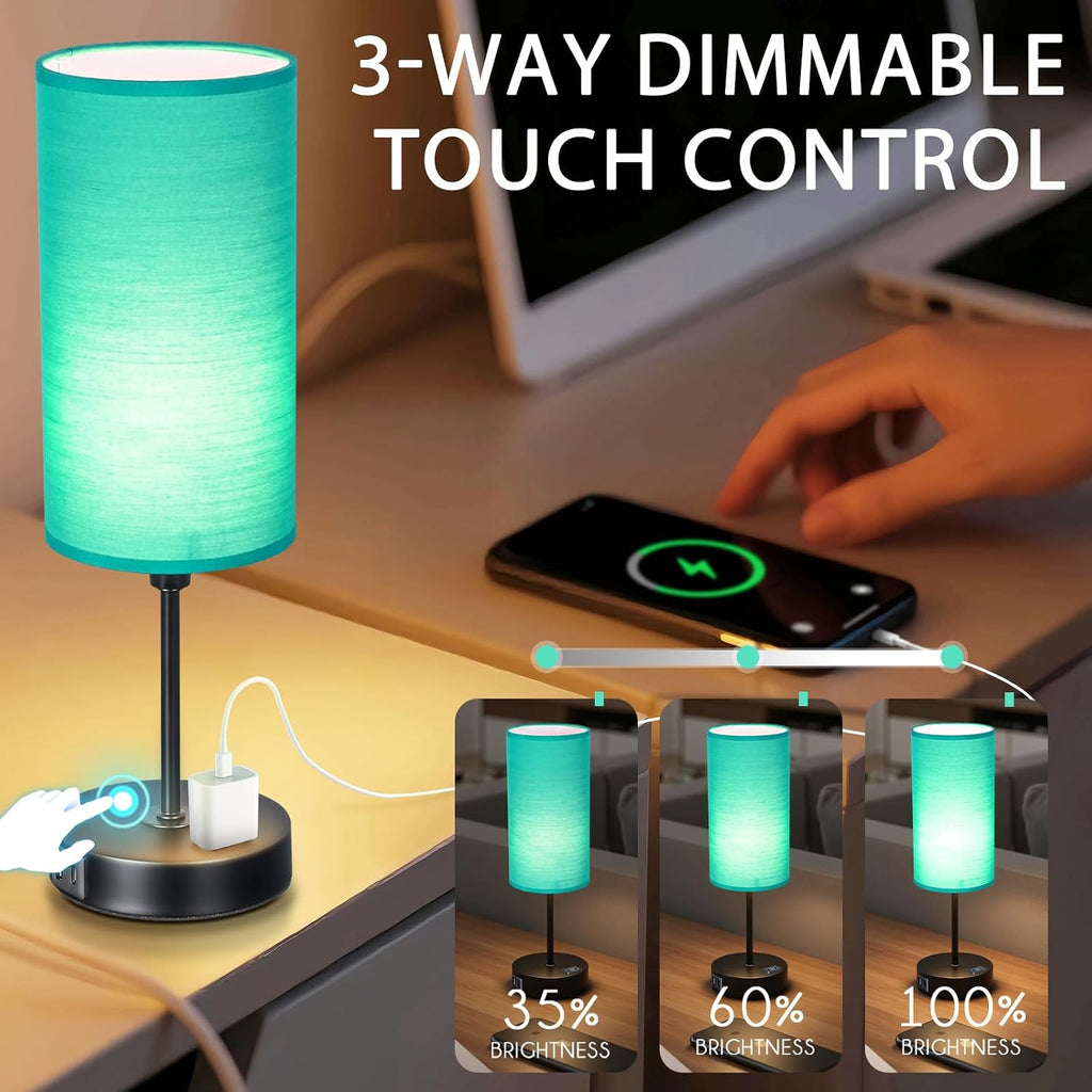 Table Lamp with USB Port - Teal Desk Lamp, Green Touch Lamp, Bedside Lamps, 3 Way Dimmable Small Lamps for Bedroom, Nightstand, Nursery…