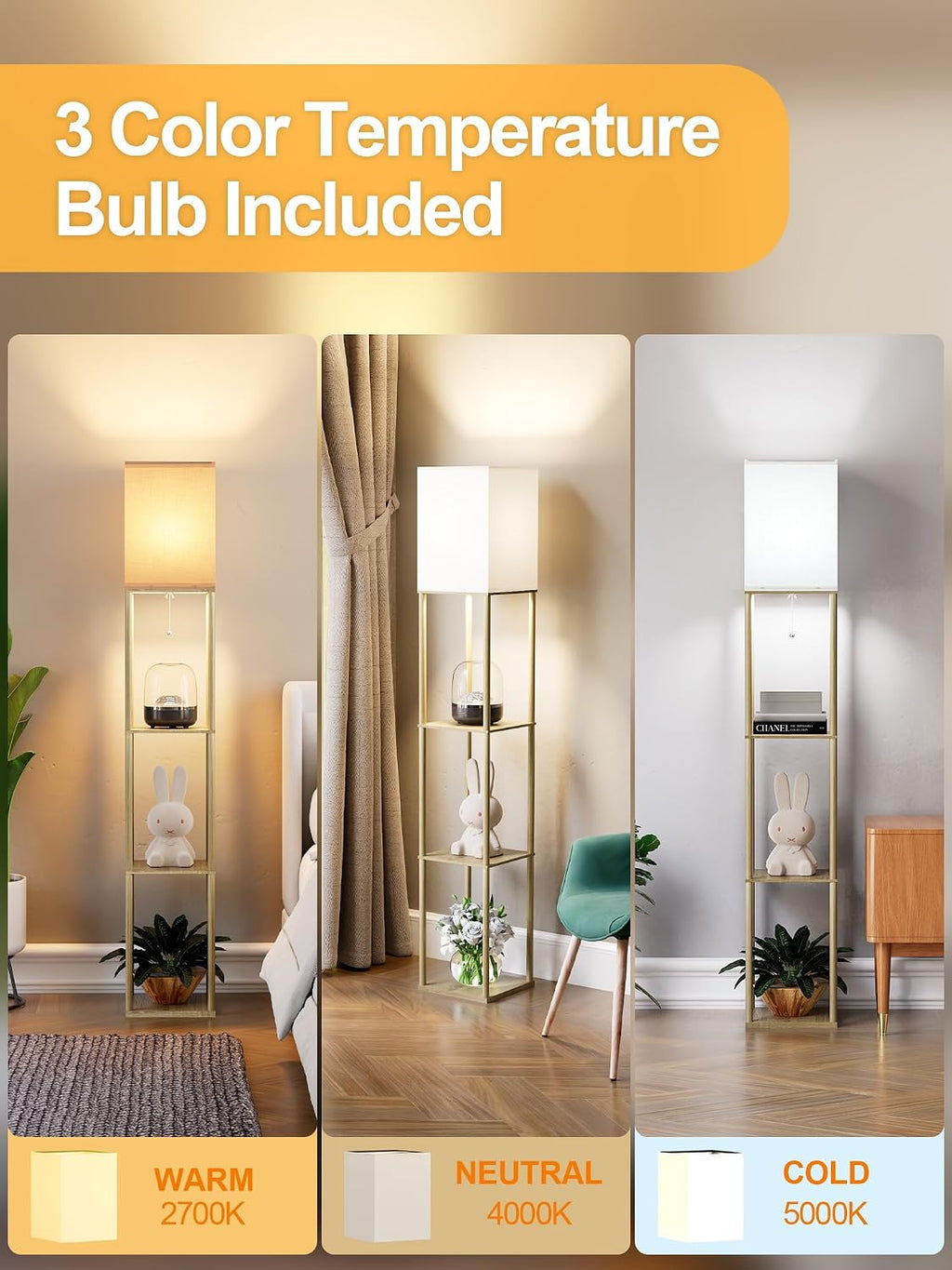 PARTPHONER Floor Lamp with Shelves for Living Room Natural Wood 2 Pack, Shelf Floor Lamp with 3 CCT LED Bulb, Corner Display Standing…