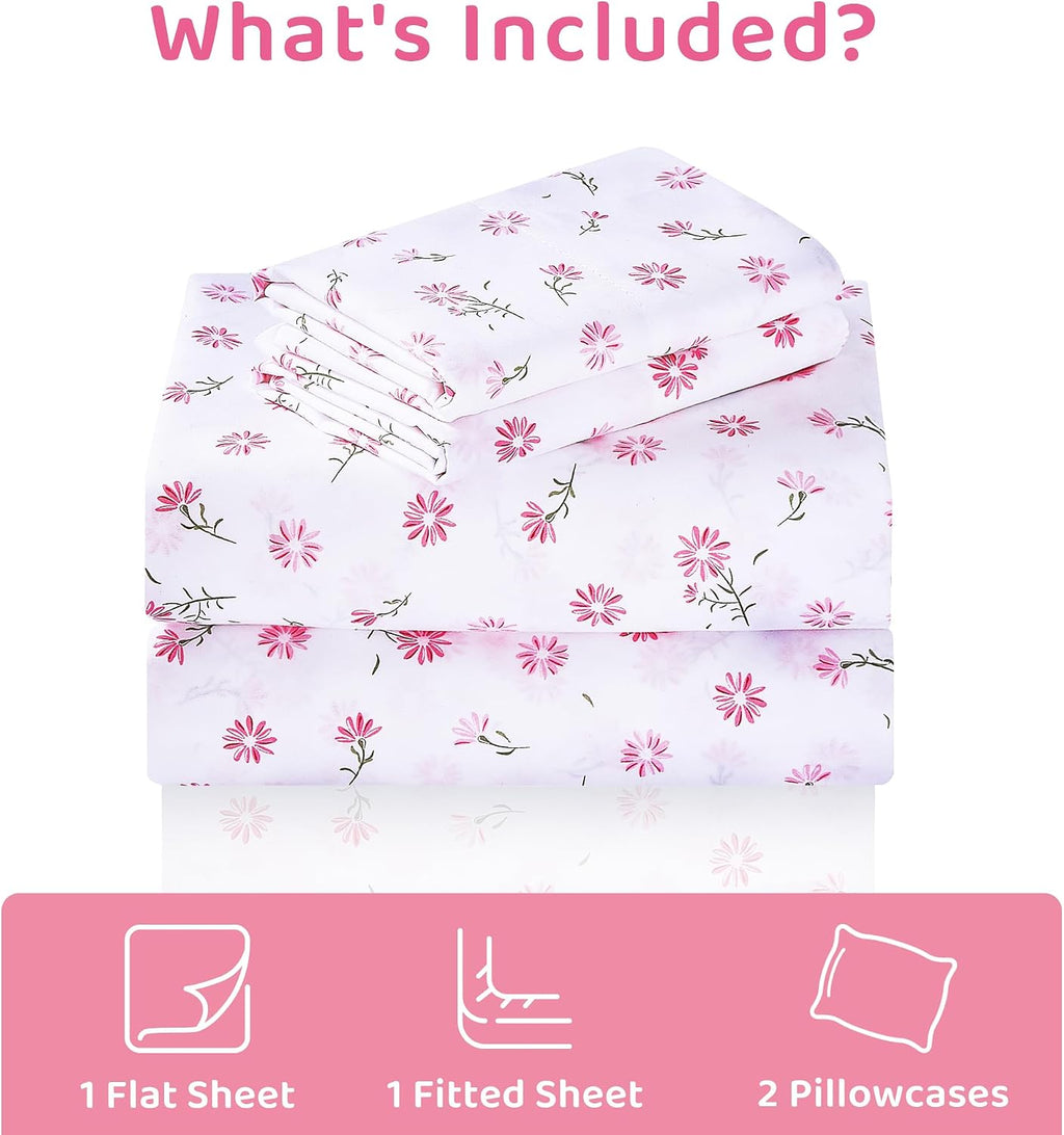 mooreeke Cozy Vintage Microfiber Printed Floral Queen Sheet Set - Soft & Breathable Pink Daisy Bed Sheets with Extra Deep Pocket - Non-Slip…