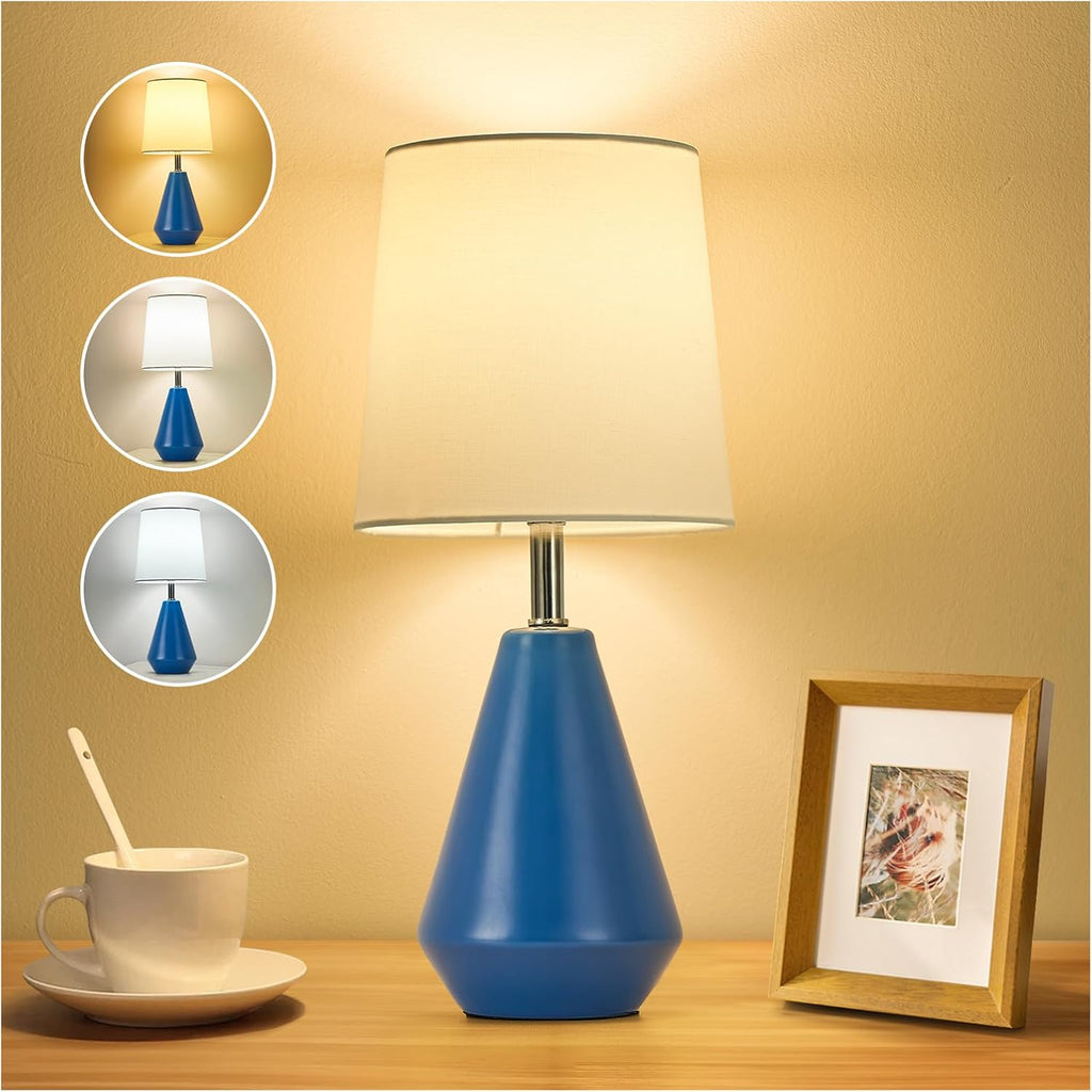 Small Bedside Table Lamp for Bedroom - Reading Desk Lamp with 3 Color Temperatures,15.5" Nightstand Ceramic Lamp with Fabric Shade for…