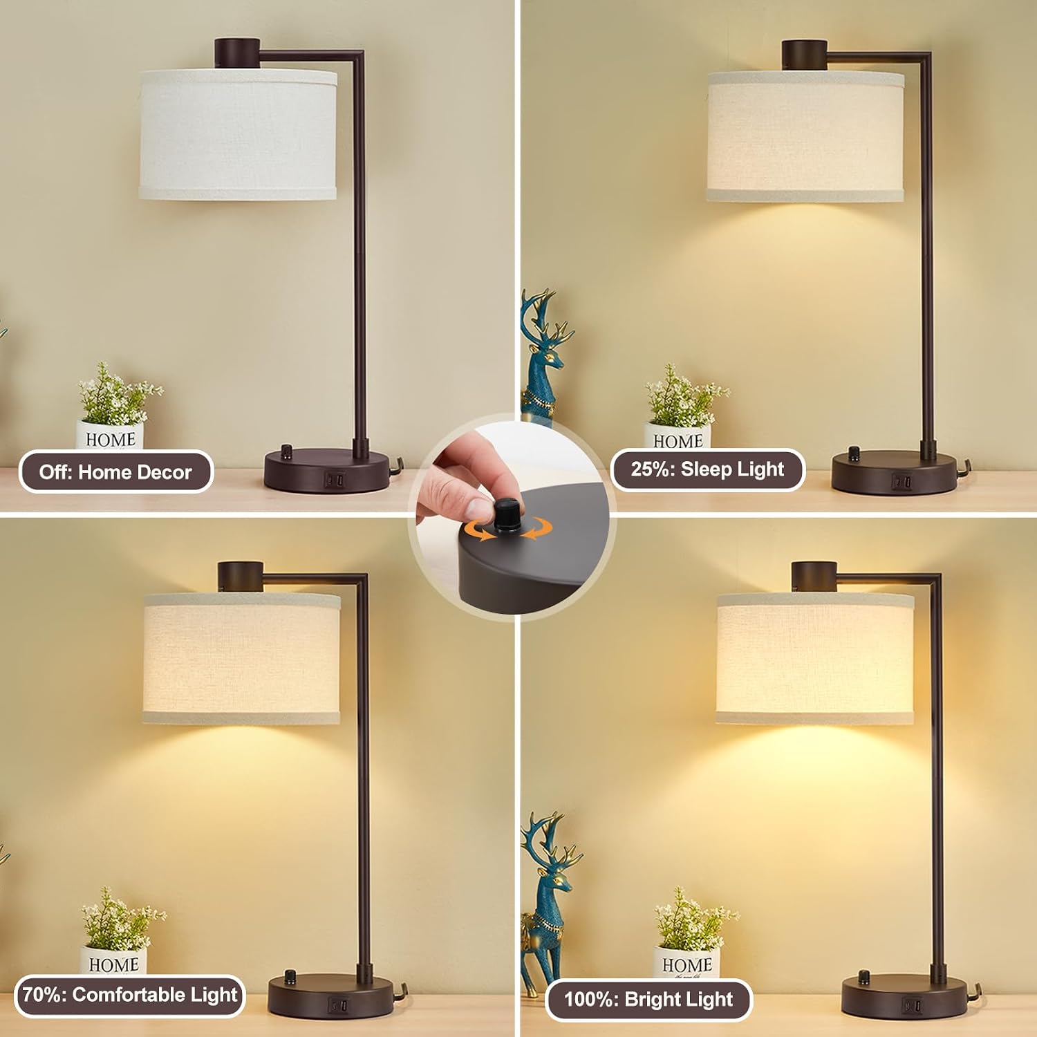 Luvkczc Table Lamp for Bedroom Set of 2 with USB C+A Ports - Fully Stepless Dimmable Bedside Lamp with Linen Lampshade - Contemporary…