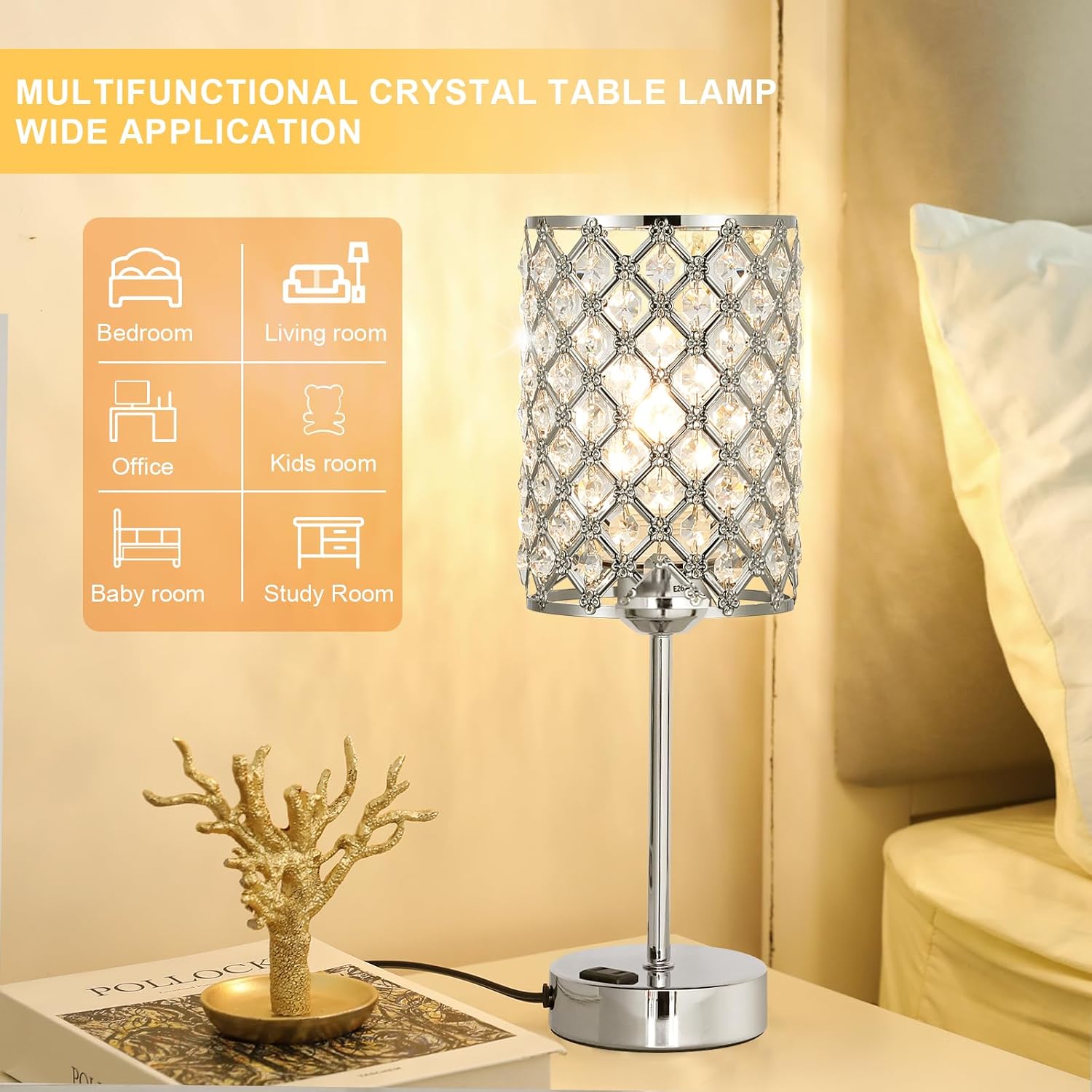 Hong-in Crystal Table Lamp, Crystal Lamp Touch Control with USB-C USB-A Charging Ports & AC Outlets, 3 Way Dimmable Bedside…