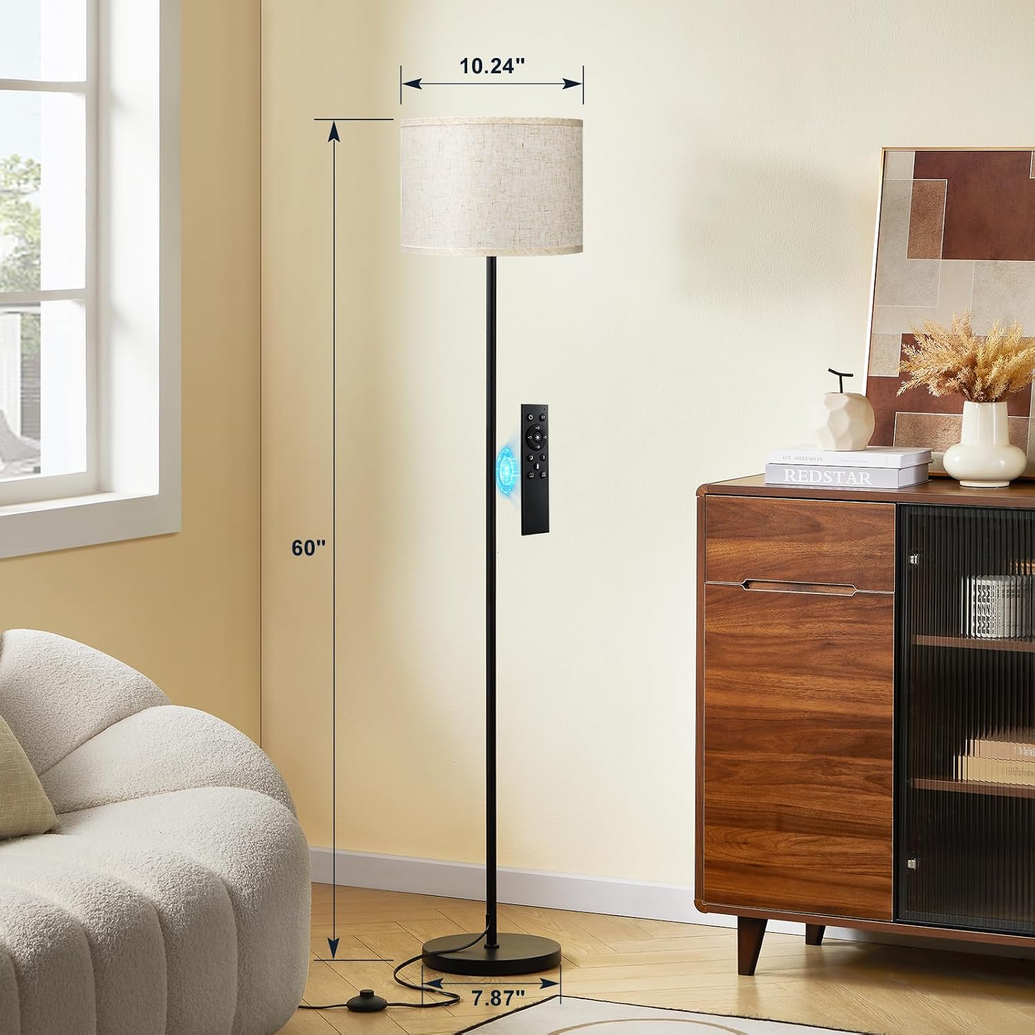 Ambimall 60'' Modern Floor Lamp with Remote, Tall Lamps for Living Room, Bedroom, Office, Dining Room, Beige Shade with Black…