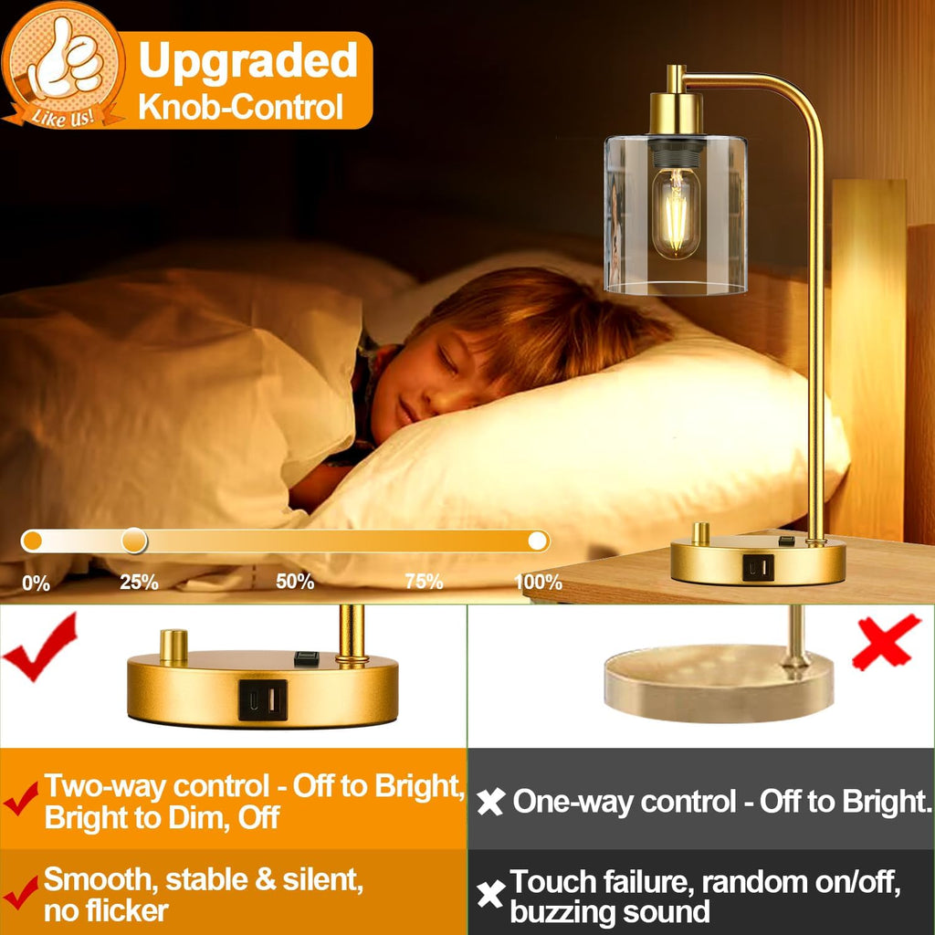 Lynnoland Set of 2 Industrial Table Lamps with USB Port, Gold Fully Stepless Dimmable Bedside Lamps for bedrooms, Nightstand Desk Lamp…