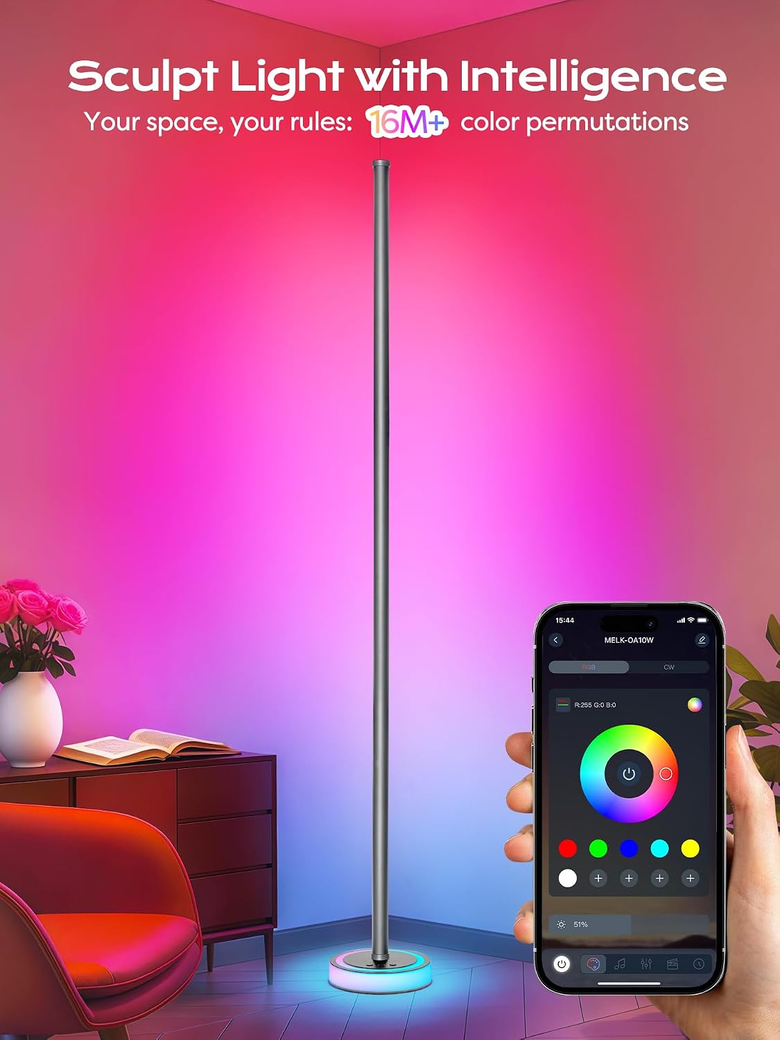 Smart Corner Floor Lamp, RGBICW LED Standing Lamp with App Control, 16 Million Colors with Music Sync, Dimmable Ambient Light for…