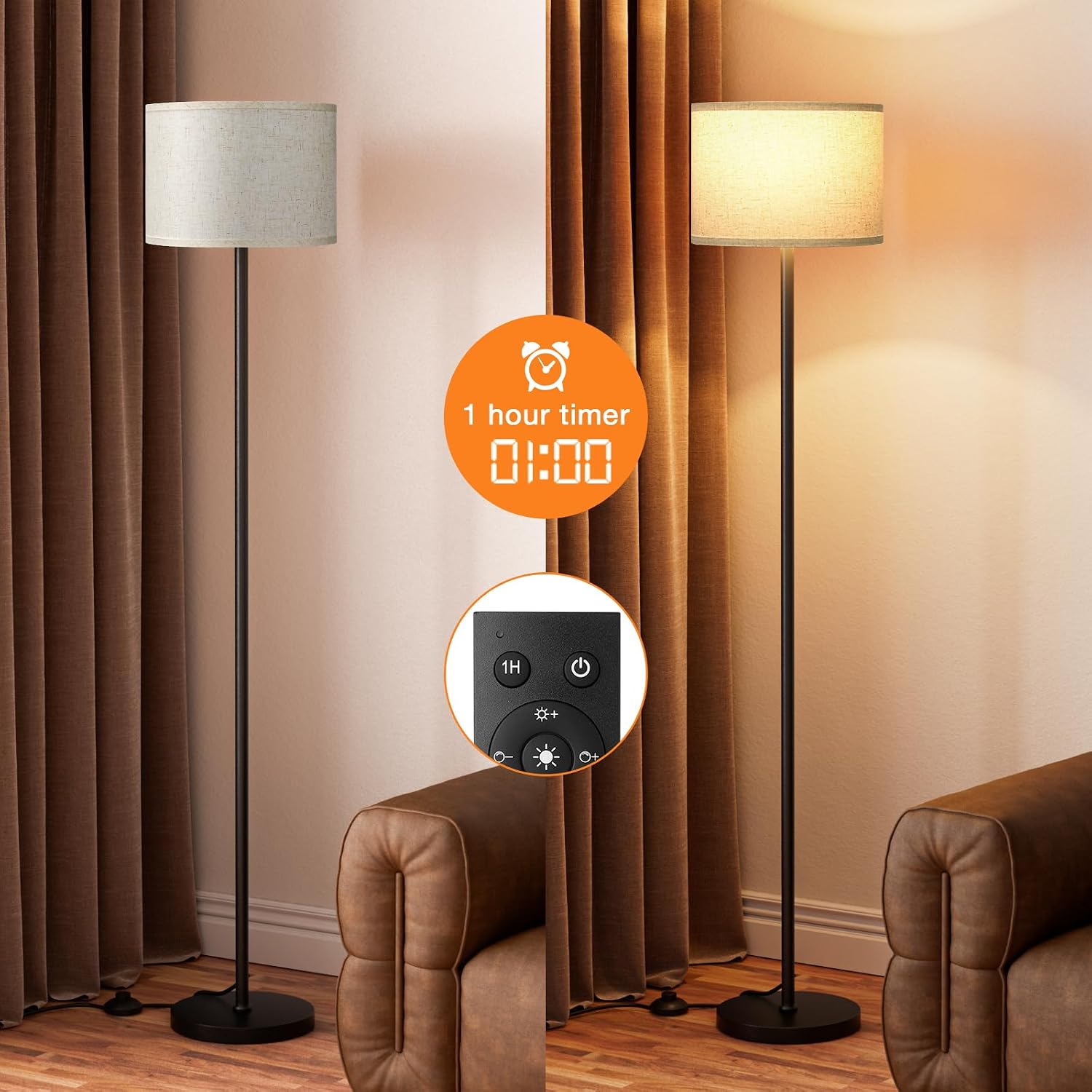 Ambimall 60'' Modern Floor Lamp with Remote, Tall Lamps for Living Room, Bedroom, Office, Dining Room, Beige Shade with Black…