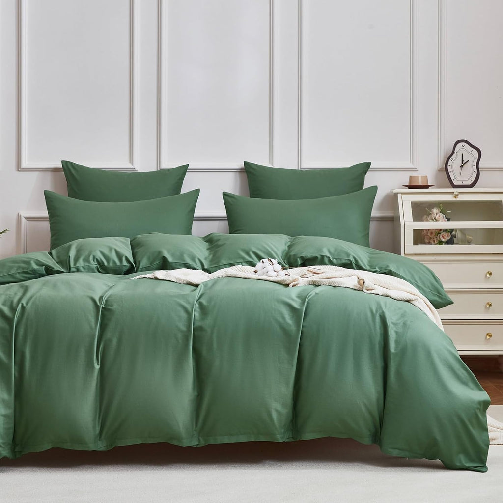 Yasmeng Deep Muted Sage Cotton Duvet Cover Set Queen Size, 100% Combed Cotton Percale Bedding, Soft Breathable Plain Weave Comforter Cover…