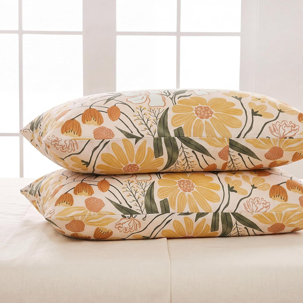 Bedorm 100% Cotton Pillowcases Set of 2 Standard Size Pillow Cover Yellow Floral Botanical Pillow Cases Soft & Breathable Pillowcases with…