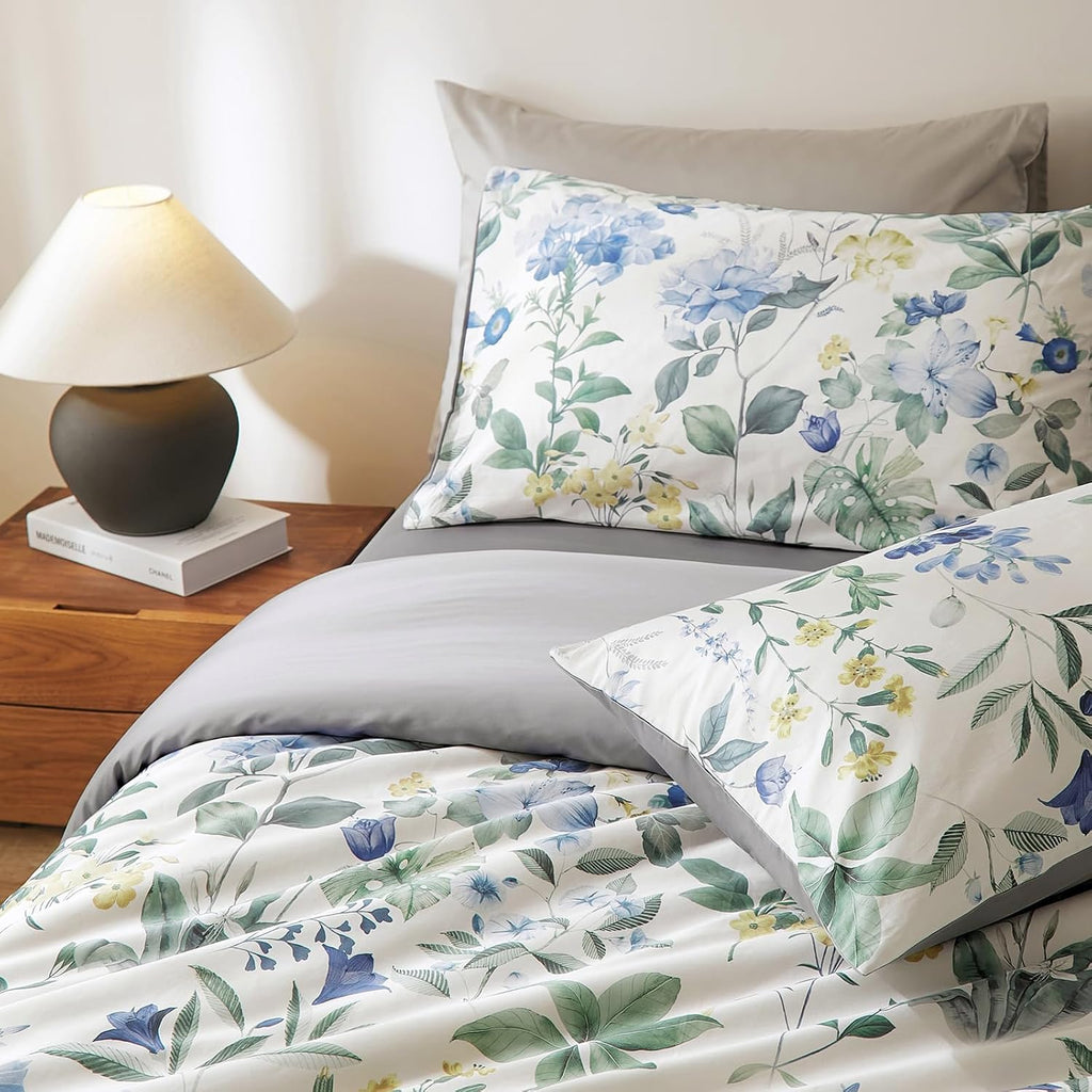 mixinni Reversible Floral Duvet Cover Set King Size, 3 Piece Blue Green Botanical Bedding Set with Zipper Closure & 4 Corner Ties, Farmhous…