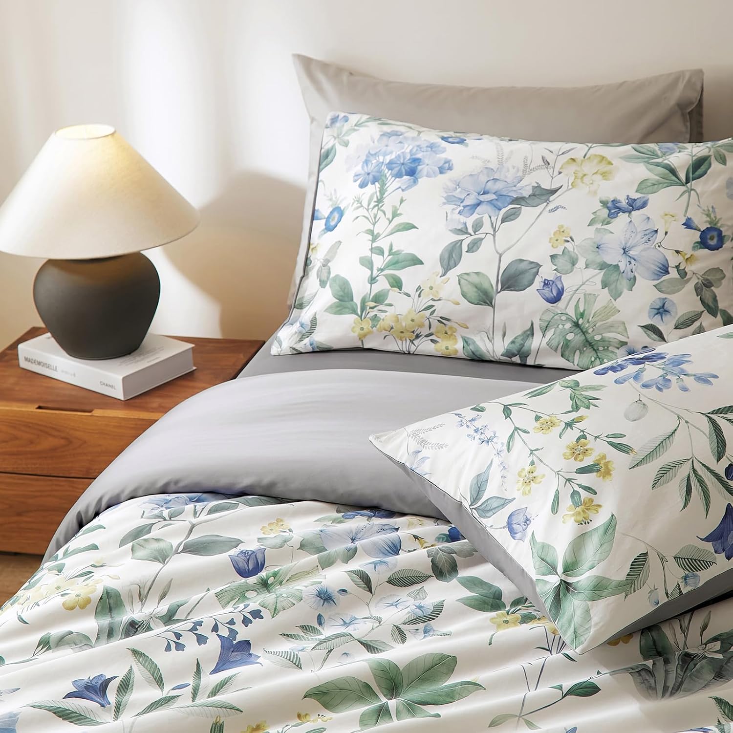 mixinni Reversible Floral Duvet Cover Set King Size, 3 Piece Blue Green Botanical Bedding Set with Zipper Closure & 4 Corner Ties, Farmhous…