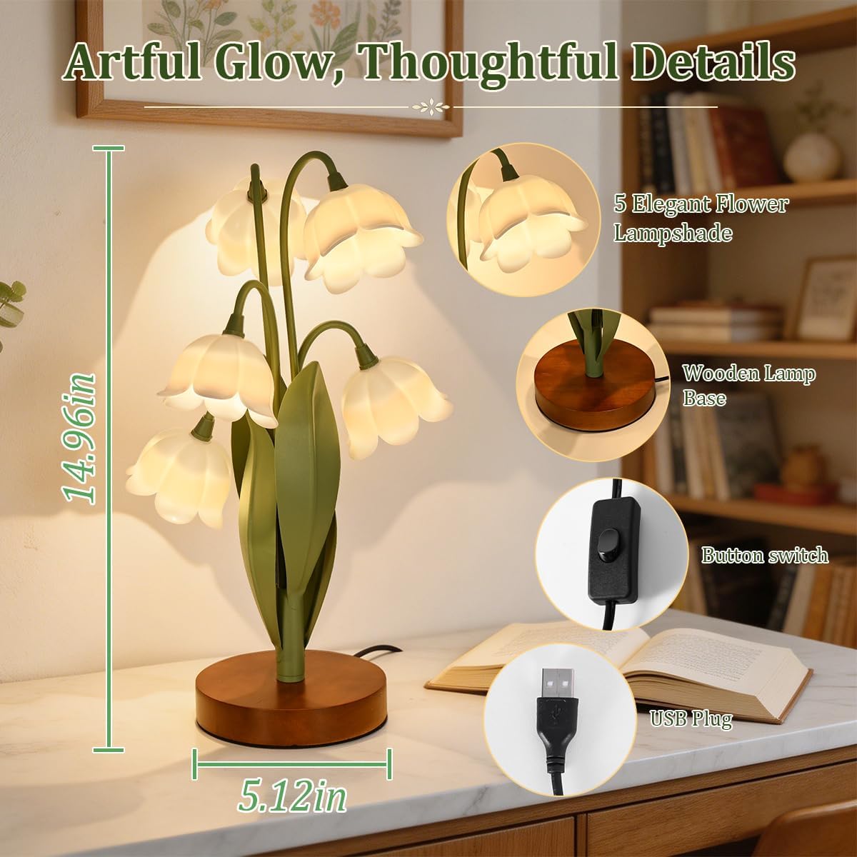 Flower Table Lamp for Bedroom, Cute Reading Light with 5 White Tulip Flower of The Valley, Desk Lamp Bedside Lamps for Nightstands Home…