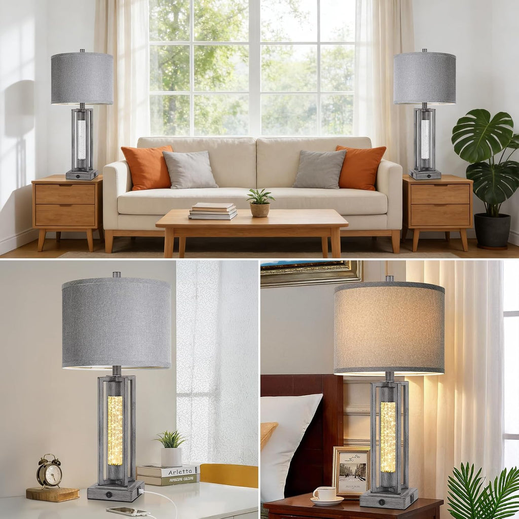 Tobusa 26’’ Farmhouse Table Lamps for Living Room Set of 2, Modern Nightstand Lamps with Crystal Night Light & 2 USB Ports, Vintage Home De…