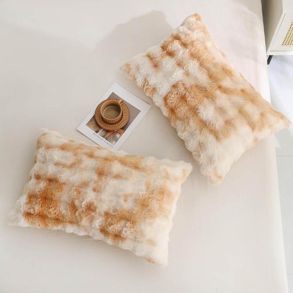 Chumerry Beige Fuzzy Pillow Case Faux Fur Pillow Cover Chic Plaid Check Texture Extra Soft Fluffy Plush Shaggy Fabric Tie Dye Decorative Pi…