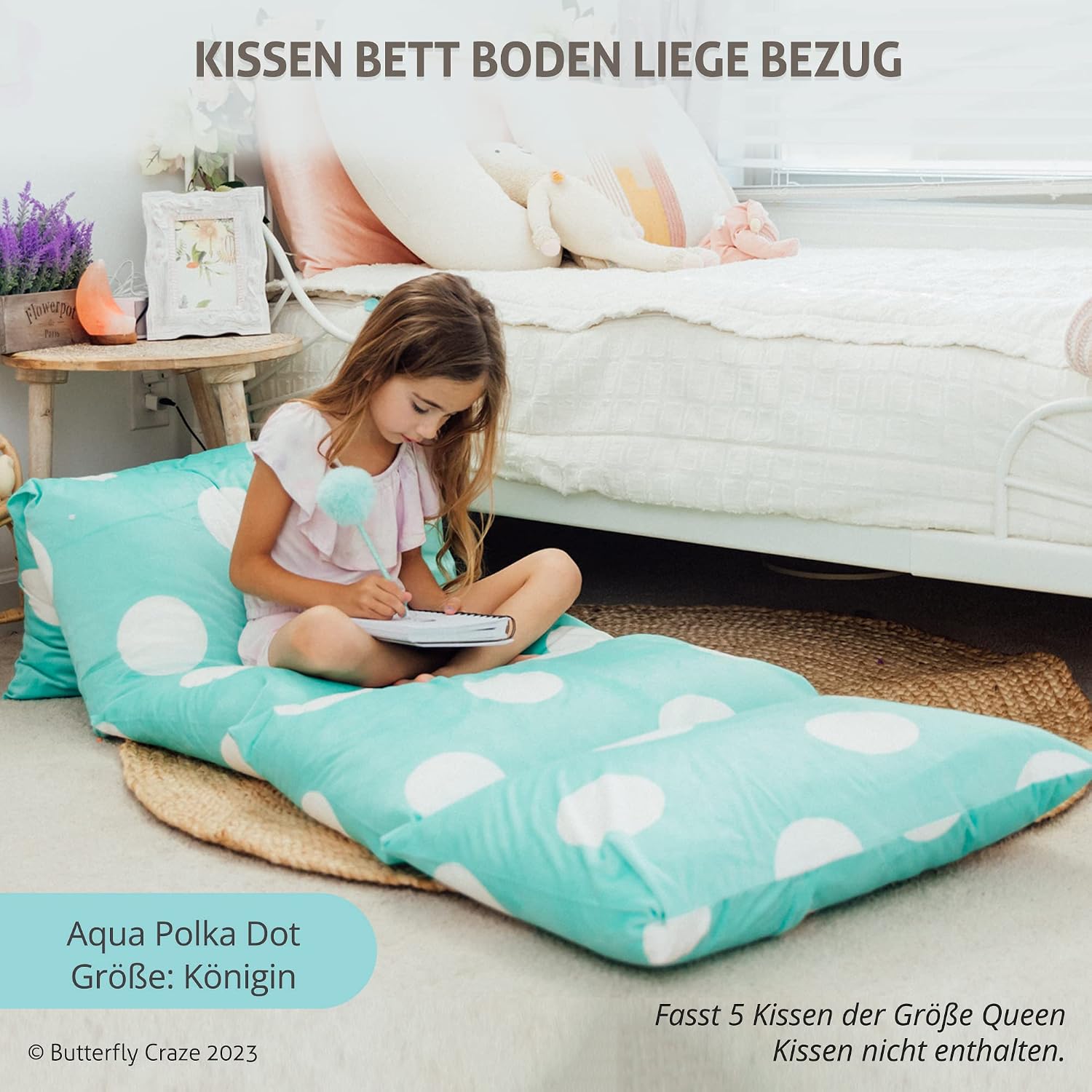 Butterfly Craze Floor Pillow Case, Mattress Bed Lounger Cover, Polka Aqua, Queen Size - Cozy Seating Solution for Kids & Adults, Recliner…
