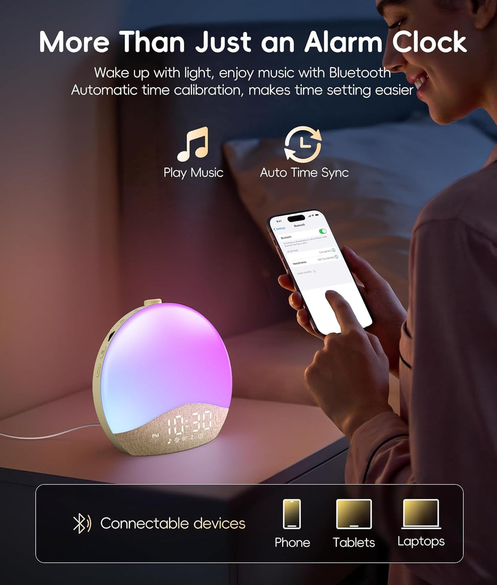 ecozy Sunrise Alarm Clock for Bedroom, White Noise Sound Machine, 26 Soothing Sounds, 17 Night Lights, Bluetooth Speaker, Music-Sync…
