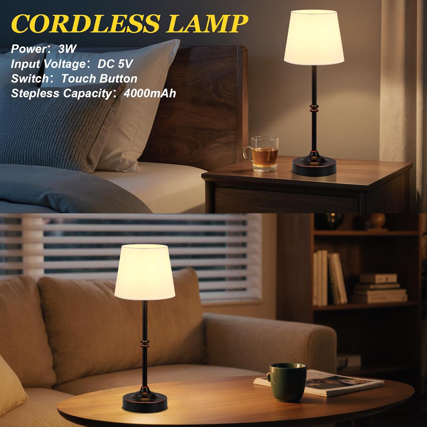 Kakanuo Rechargeable Cordless Table Lamp Antique Black - 2 Pack 4000mAh Battery Operated Lamp, 3000K Warm Light, Touch Control Stepless…
