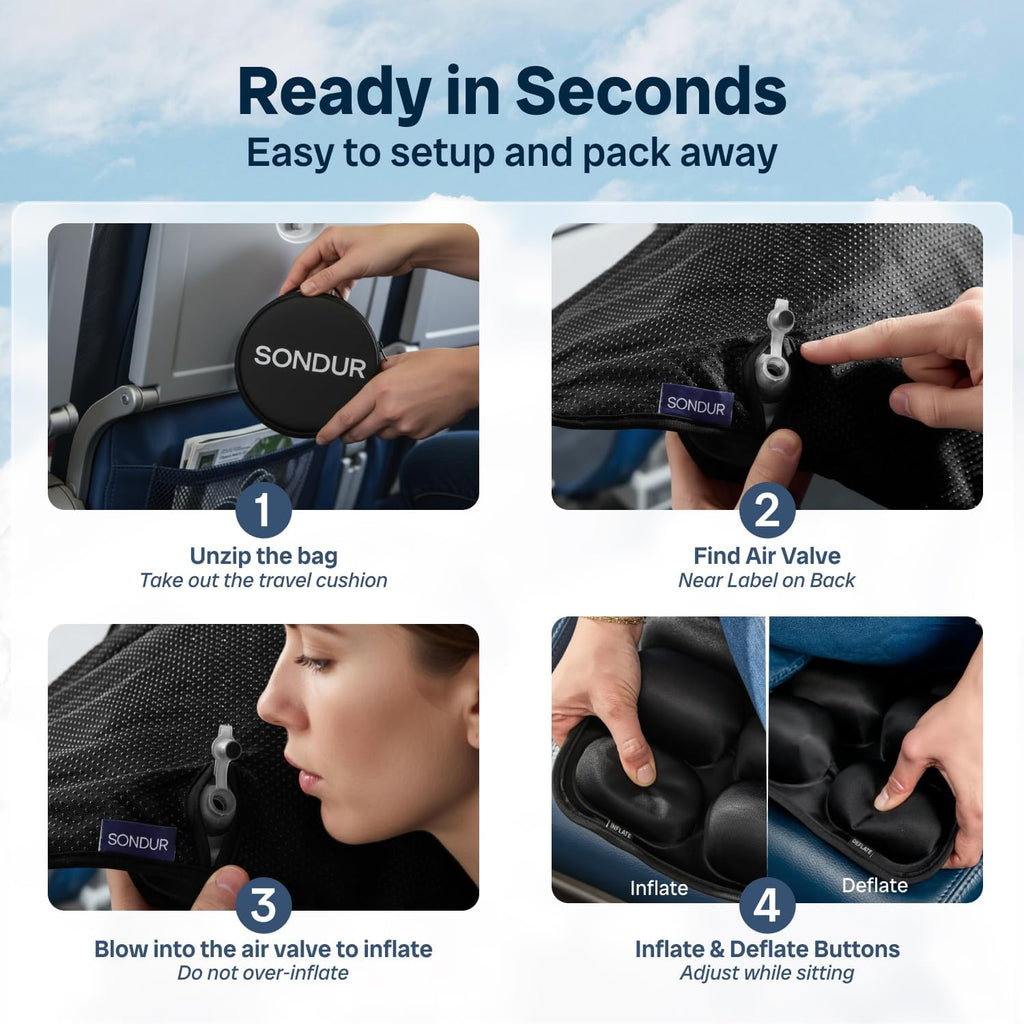 SondurTM Travel Cushion – CloudAir Technology Airplane Seat Cushion – Inflatable Travel Cushion for Long Flights – Portable Air Cell…