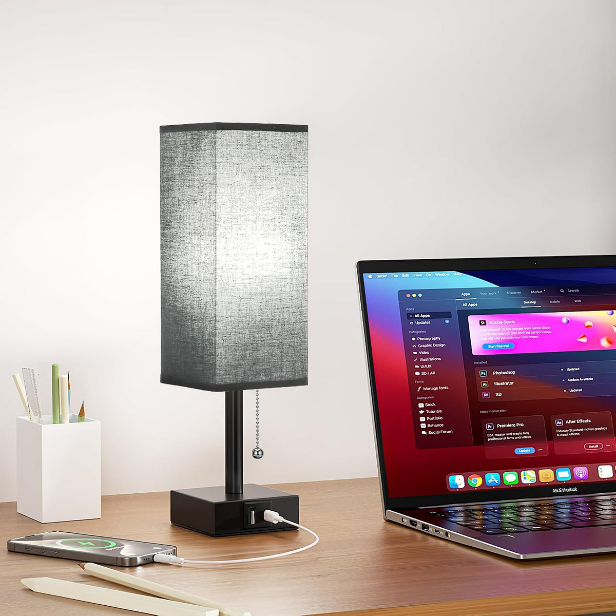 Aooshine Black Small Table Lamp for Bedroom - 3 Color Temperature 3000K 5000K 4000K Bedside Lamp, Pull Chain Control, USB A and C Charging…