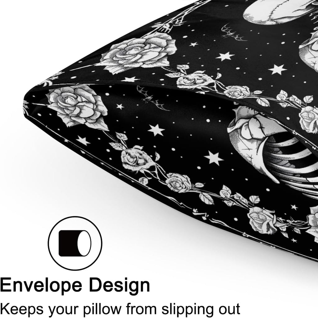Satin Pillowcase for Hair and Skin Black Halloween Skull Couple Soft Silk Pillow Case with Envelope Closure Cooling Pillow Cases Slip…