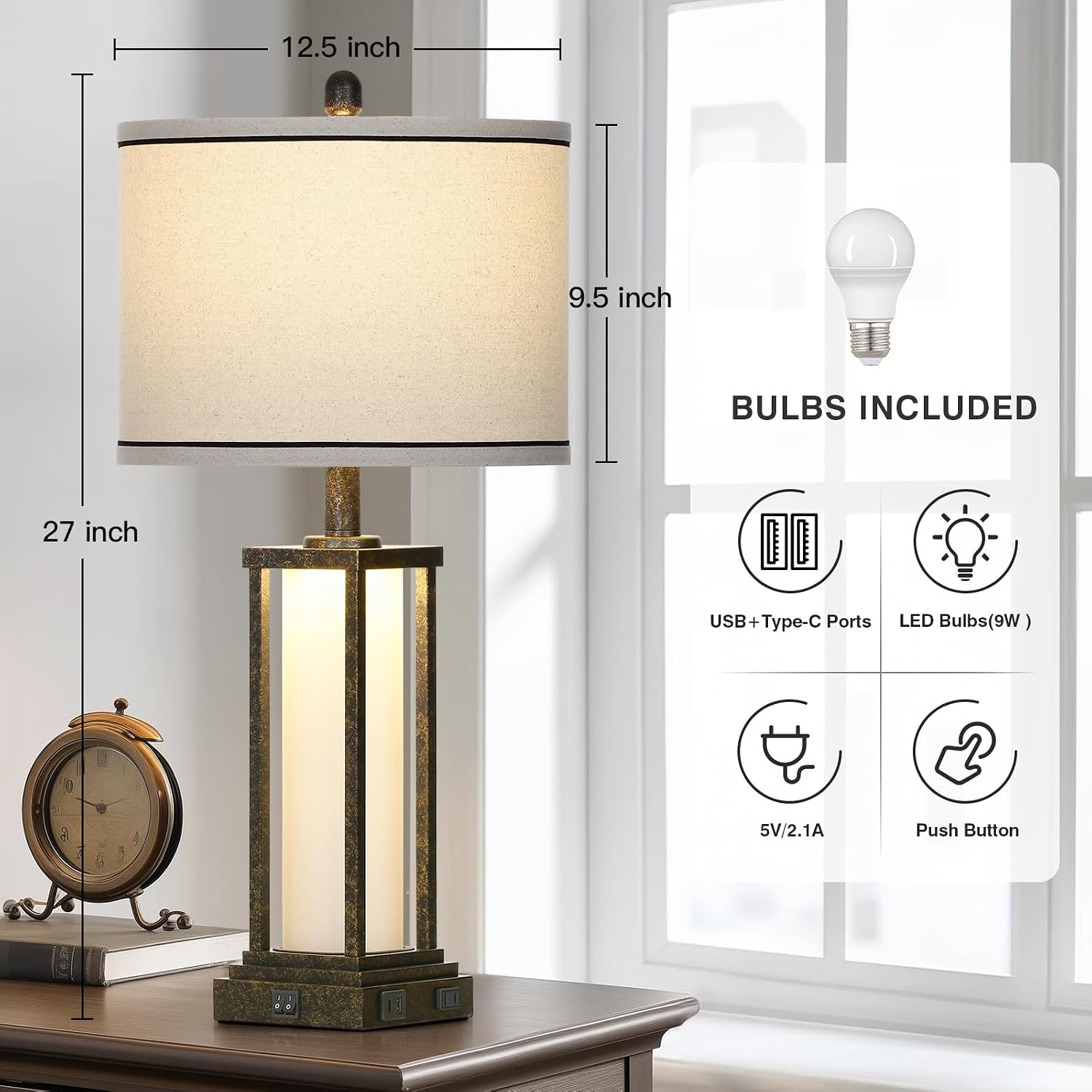 Cinkeda 27" Tall Vintage Table Lamp with USB C+A & Outlet, Bronze Industrial End Table Lamp for Living Room, Farmhouse Rustic Bedside Lamp…