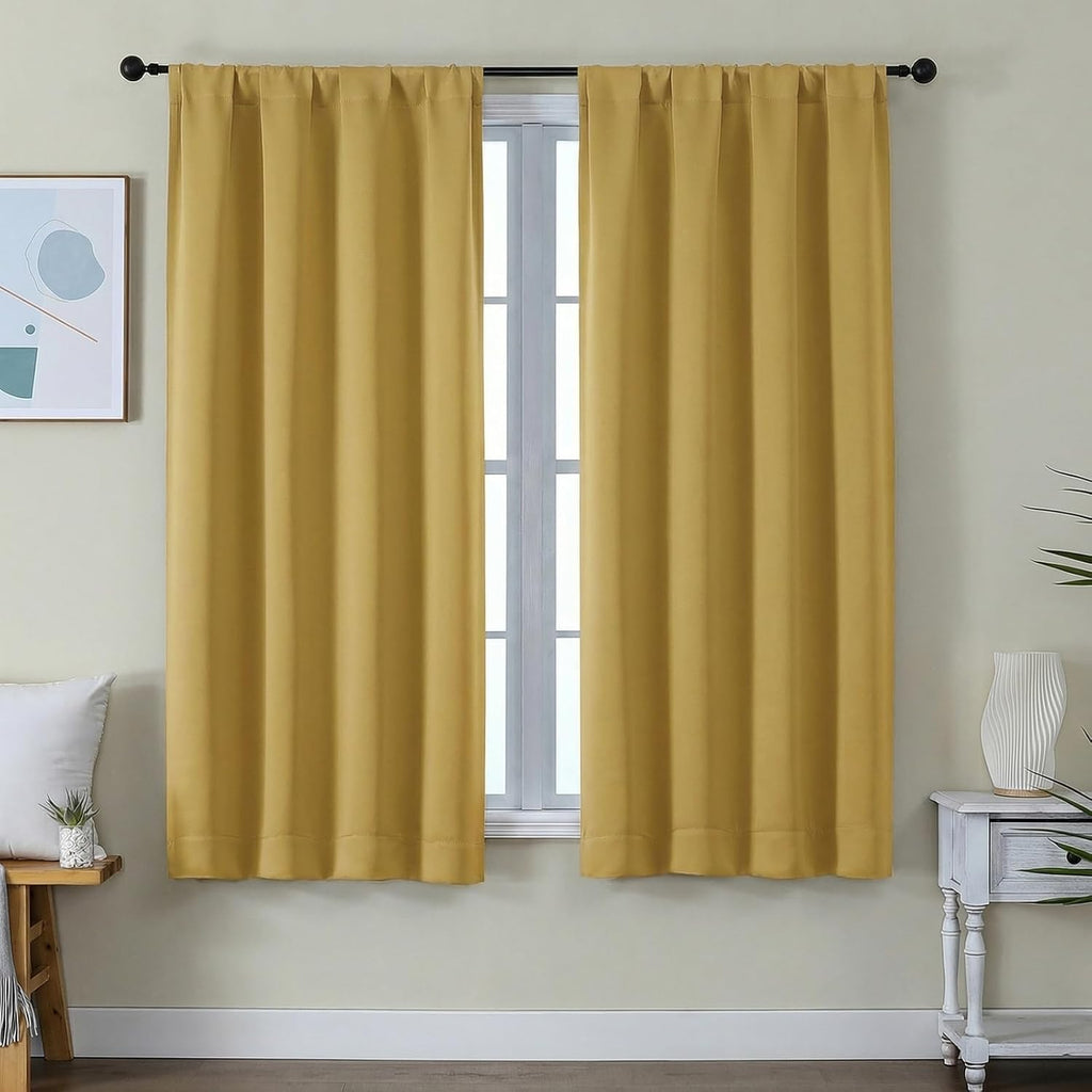 Simplebrand Ava Bright Gold Blackout Curtains for Bedroom 63 Inch Length 2 Panels Set, Privacy Thermal Insulated Rod Pocket Door Window Cur…