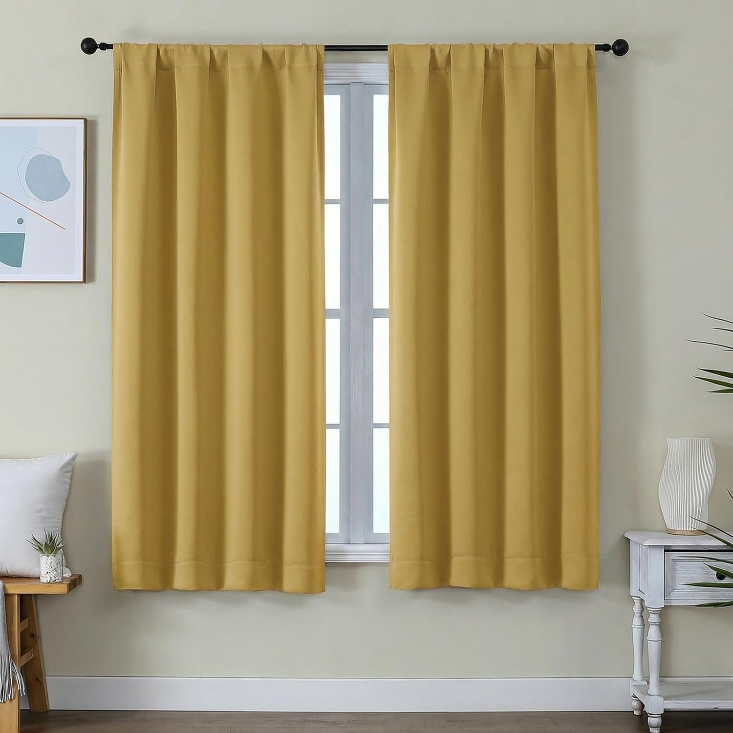 Simplebrand Ava Bright Gold Blackout Curtains for Bedroom 63 Inch Length 2 Panels Set, Privacy Thermal Insulated Rod Pocket Door Window Cur…