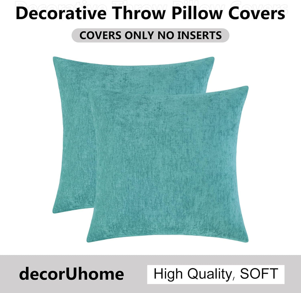 decorUhome Chenille Turquoise Summer Throw Pillow Covers 24x24 Inch Set of 2, Decorative Soft Couch Pillow Covers Solid Dyed Accent Farmhou…