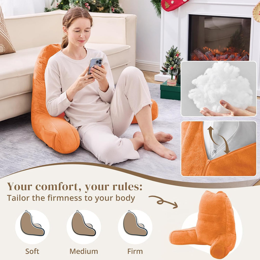 Sasttie Reading Pillow for Bed - 23 Inch, Back Pillow for Bed Sitting Up, Back-Rest Support Cushion with Side Pockets and Arms, Dorm Essent…