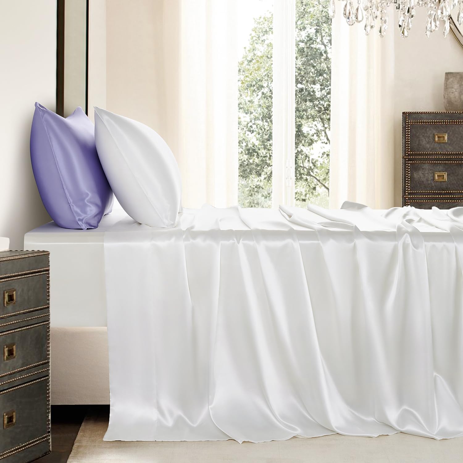 Golal Satin Sheets Twin Size - 3 Pieces Luxury Silky Soft Bed Sheets for Kids, Wrinkle-Free White Satin Silk Sheet Set with 1 Deep Pocket F…