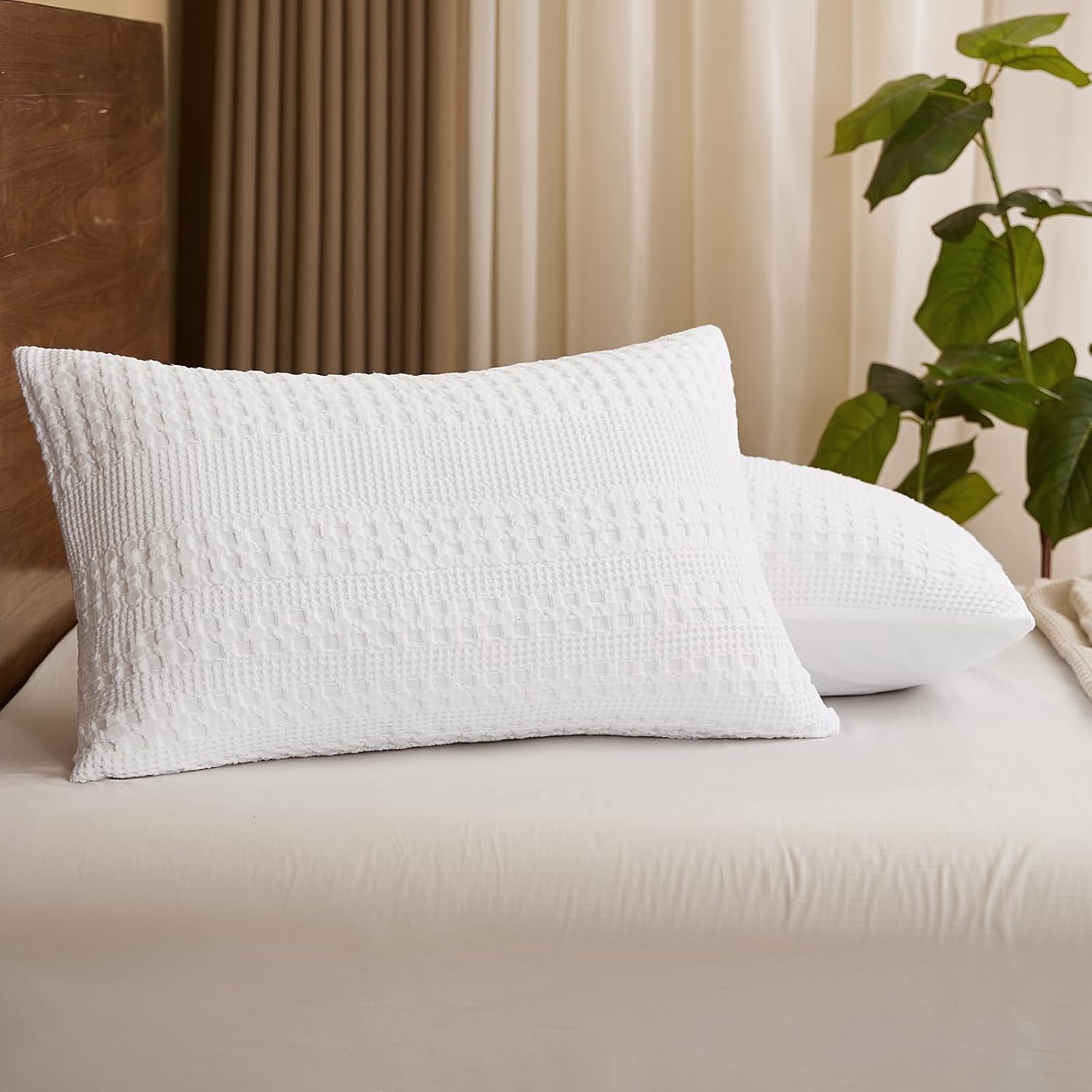 Phf 100% Cotton Waffle Pillow Shams King Size, 2 Pack 20" x 36" Soft Skin-Friendly Pillowcases, No Filling, Aesthetic Woven and Breathable…