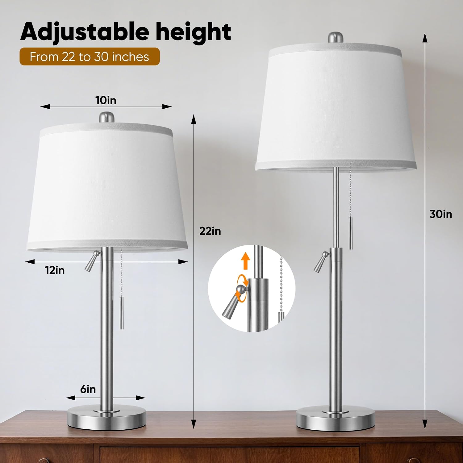 Bedside Table Lamps Set of 2, Tall Silver Table Lamps for Living Room, Height Adjustable Nightstand Lamps for Bedroom, Modern Lamps with…