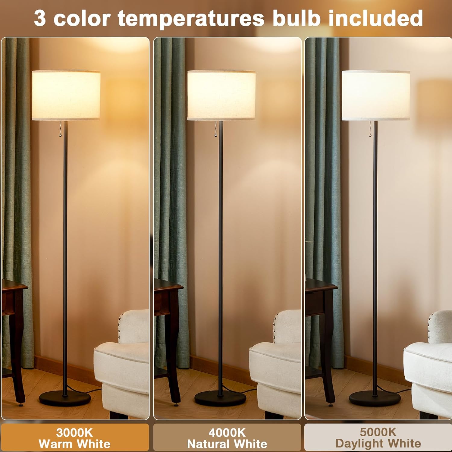 Ambimall Modern Standing Floor Lamp for Living Room & Bedroom with 3 Color Temperatures Bulb & Pull Chain Switch, 60" Tall with Beige…