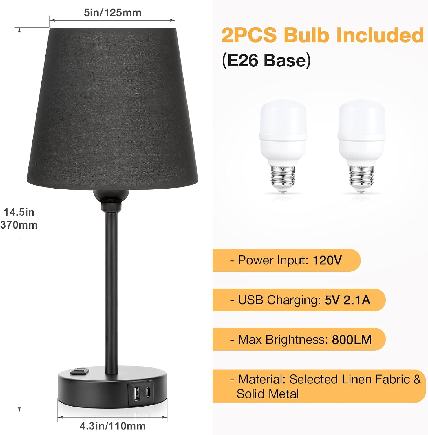 Black Lamp for bedrooms Set of 2 - Nightstand Bedroom Lamp with USB C Port and AC Outlet Charging, 3 Way Dimmable Touch Control Bed Side…