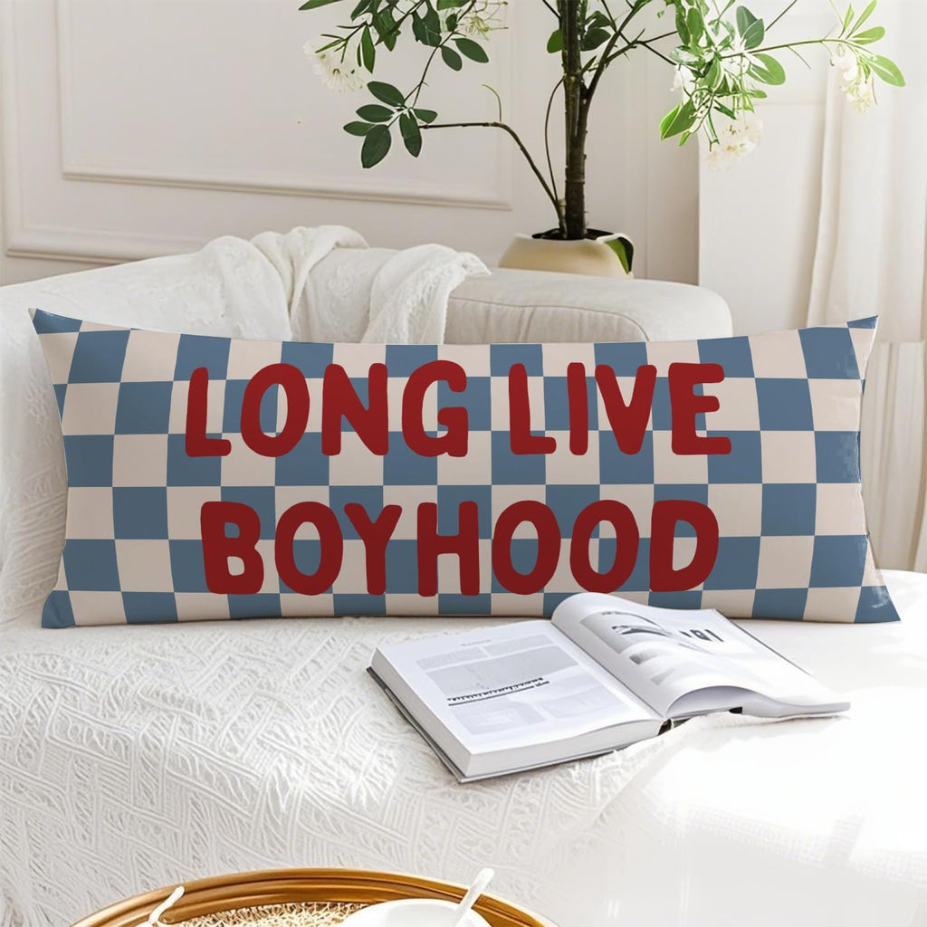 Long Live Boyhood 20x54 Body Pillow Cover for Boys Room Nursery, Boy Nursery Decor, Kids Playroom Decor, Retro Blue and White Checkered…