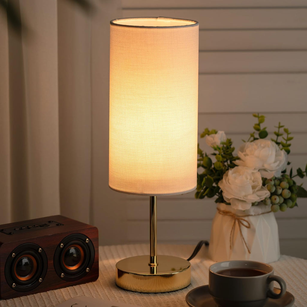 Small Nightstand Table Lamp for Bedroom, Round White Fabric Shade and Gold Metal Base, Modern Minimalist Bedside Lamps for Dresser…