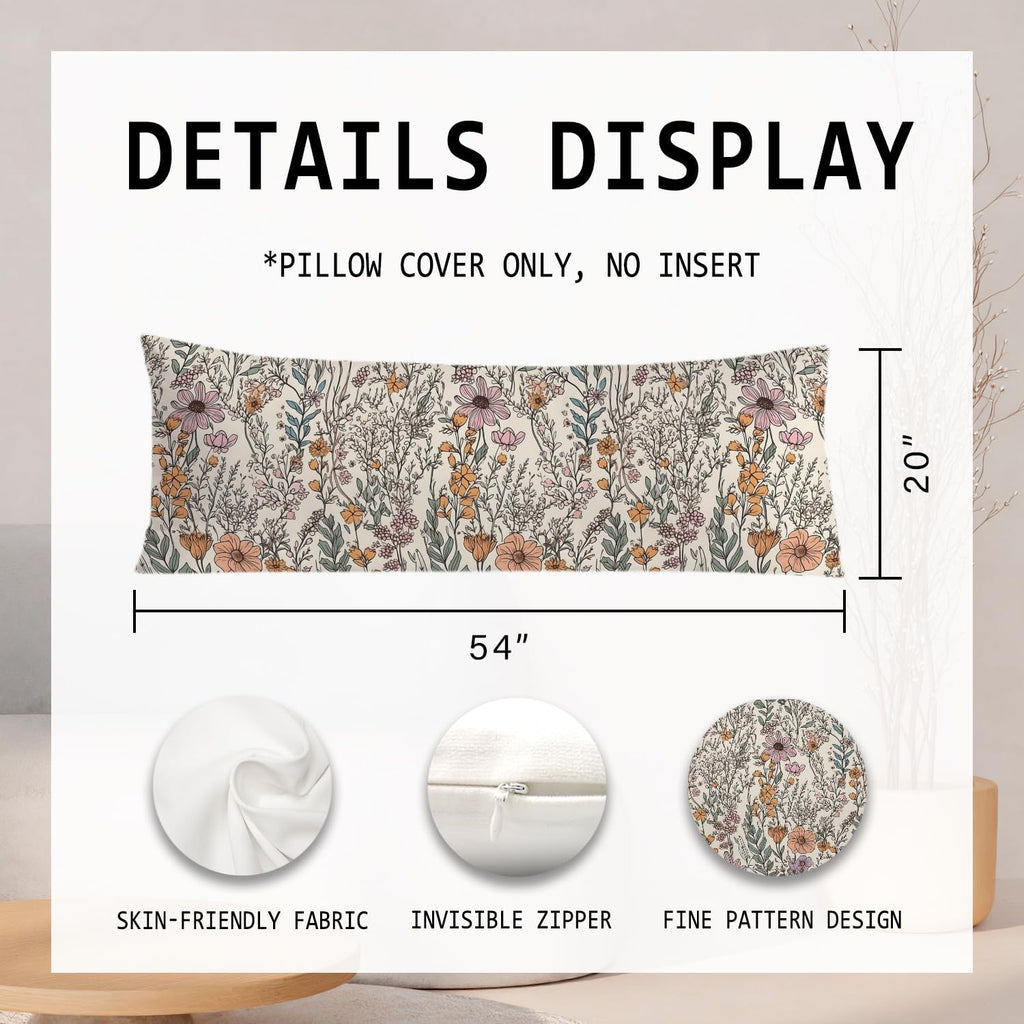 Vintage Boho Floral 20x54 Body Pillow Cover, Cottagecore Room Decor, Retro Rustic Cottagecore Flowers Aesthetic Decorative Long Body…