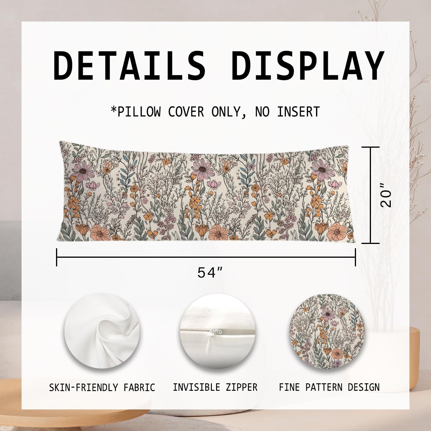 Vintage Boho Floral 20x54 Body Pillow Cover, Cottagecore Room Decor, Retro Rustic Cottagecore Flowers Aesthetic Decorative Long Body…