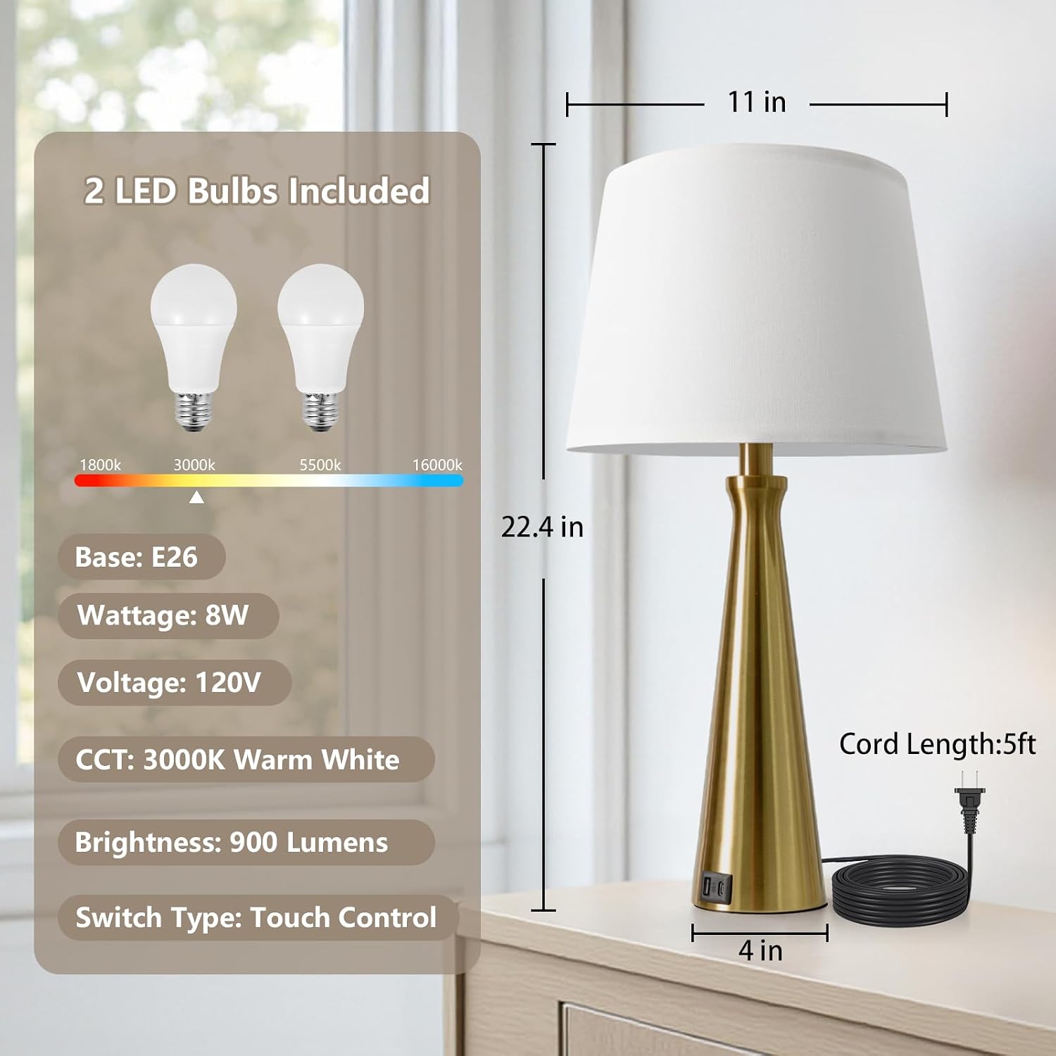 Seealle Modern Table Lamps Set of 2 - Touch Bedside Lamps for Nightstand with Dual USB C+A,3-Way Dimmable Gold Nightstand Lamps for…