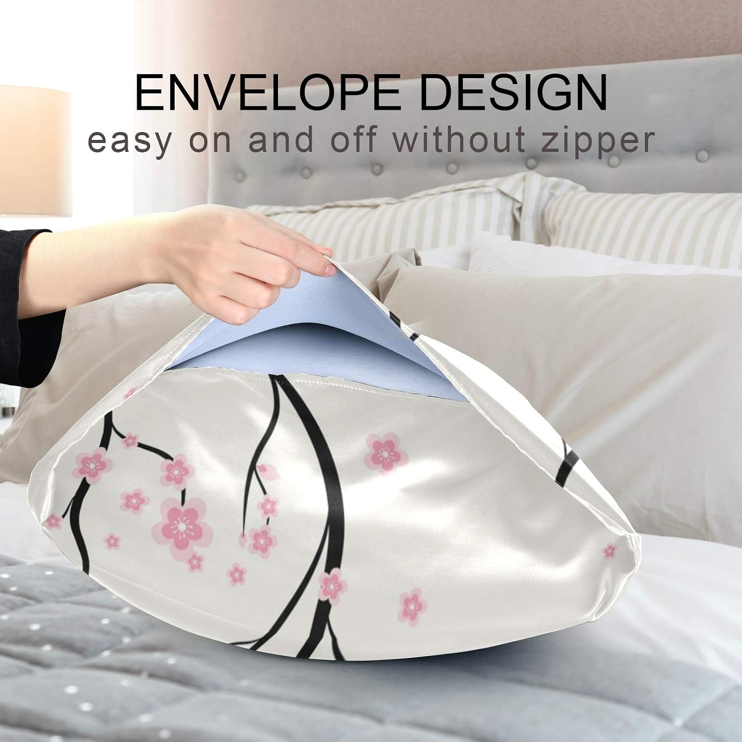 Blueangle Floral Sakura Pattern Satin Pillowcase for Hair and Skin Silk Pillowcase, Queen Size(20x30 inches) - Satin Pillow Covers with…