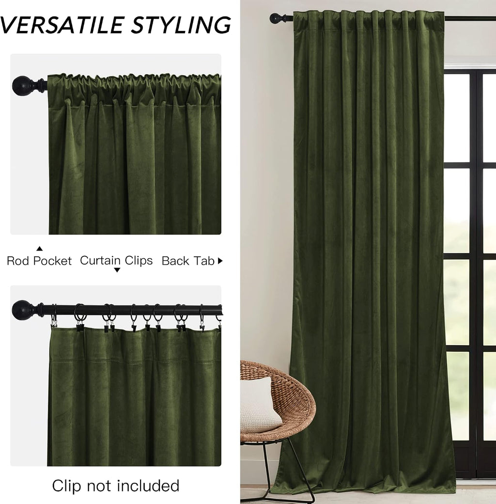Rybhome RYB HOME Olive Green Velvet Curtains for Bedroom Living Room, Thermal Insulated Privacy UV Heat Blocking Luxurious Drapes for Nurse…