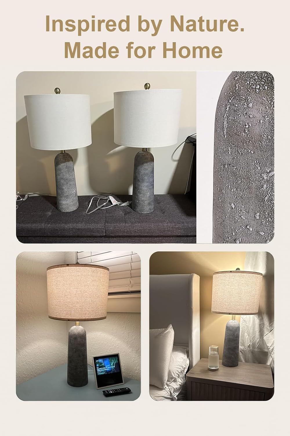 BOBOMOMO 27.25" Modern Table Lamp Set of 2, Gray Resin Lamp with Natural Stone Look, Lamps for Living Room with Linen Shades, Nightstand…
