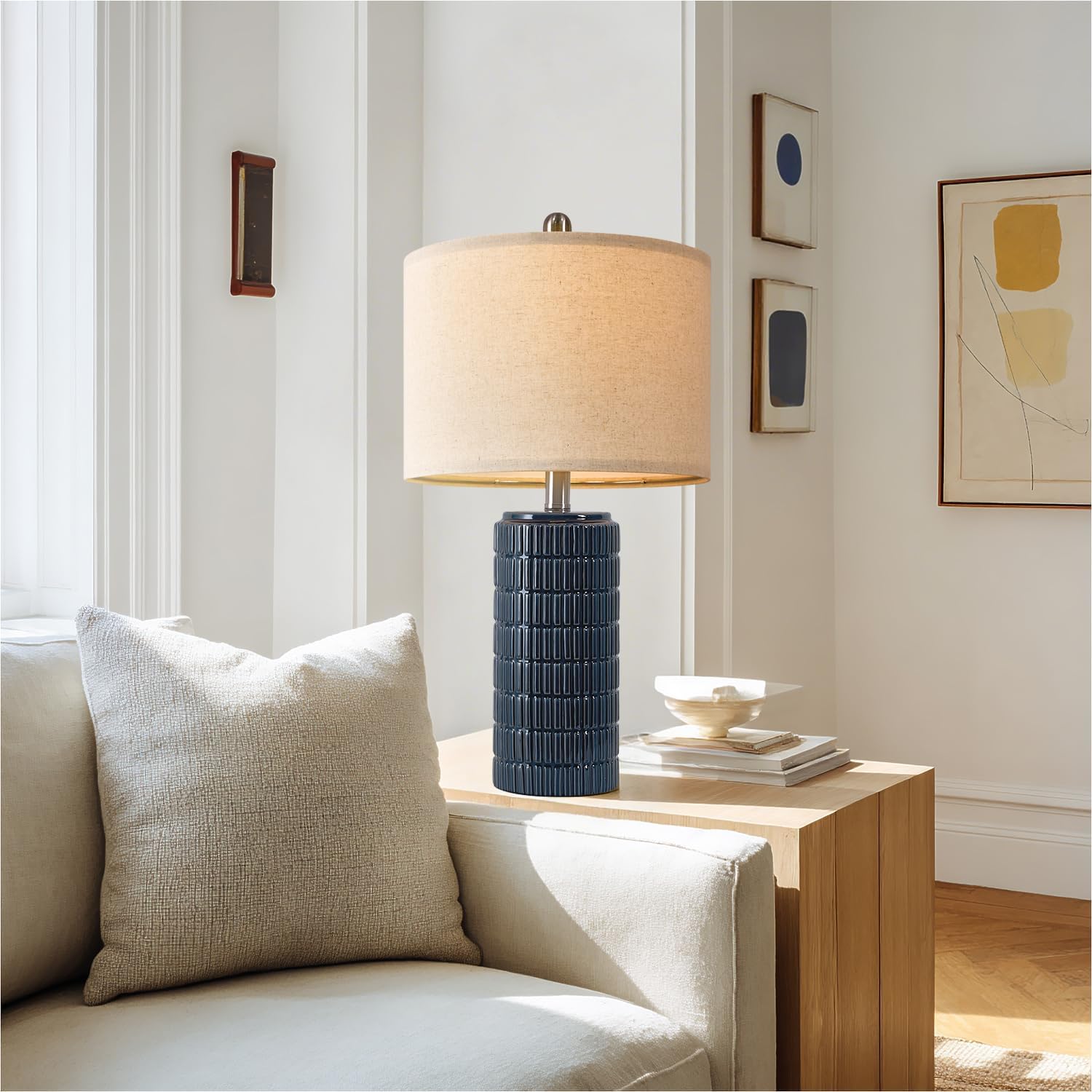PoKat 24" Modern Ceramic Table Lamps Set of 2 for Bedroom, Blue Bedside Lamps for Night Stands, Farmhouse Desk Decor Nightstand Table…
