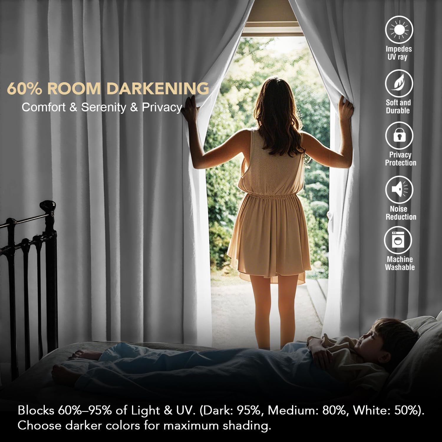 H.VERSAILTEX Back Tab White Curtains 102 Inch Long for Living Room, Rod Pocket Room Darkening Thermal Insulated Light Blocking…
