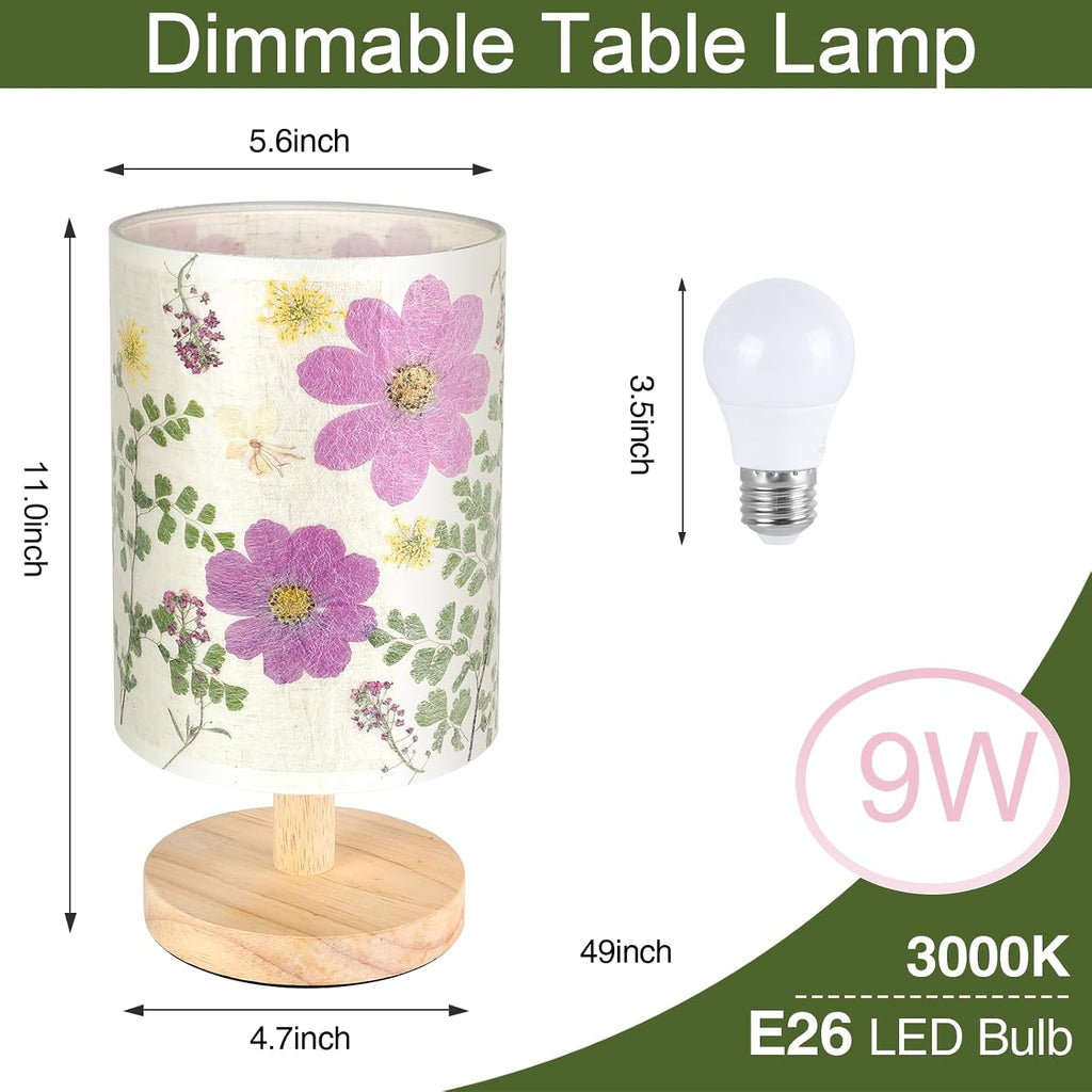 Dried Flowers Small Table Lamp 9W LED Dimmable Warm Light Pressed Flower Bedside Lamp Linen Shade with Wood Base for Bedroom Living Room…