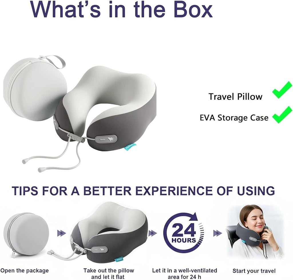 Travel Pillow with Cool Material, Neck Pillow for Traveling 100% Pure Memory Foam, Travel Neck Pillow with Hard Case, Airplane Pillow for…