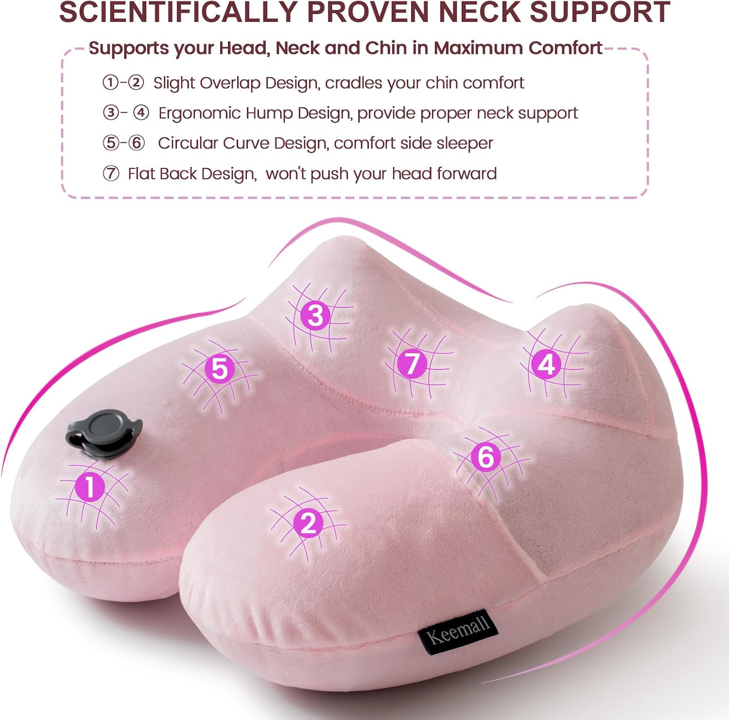 Keemall Inflatable Travel Pillow, Premium Soft Pink Velvet Neck Pillow, Washable Lightweight Portable Travel Essentials for Flight Road…