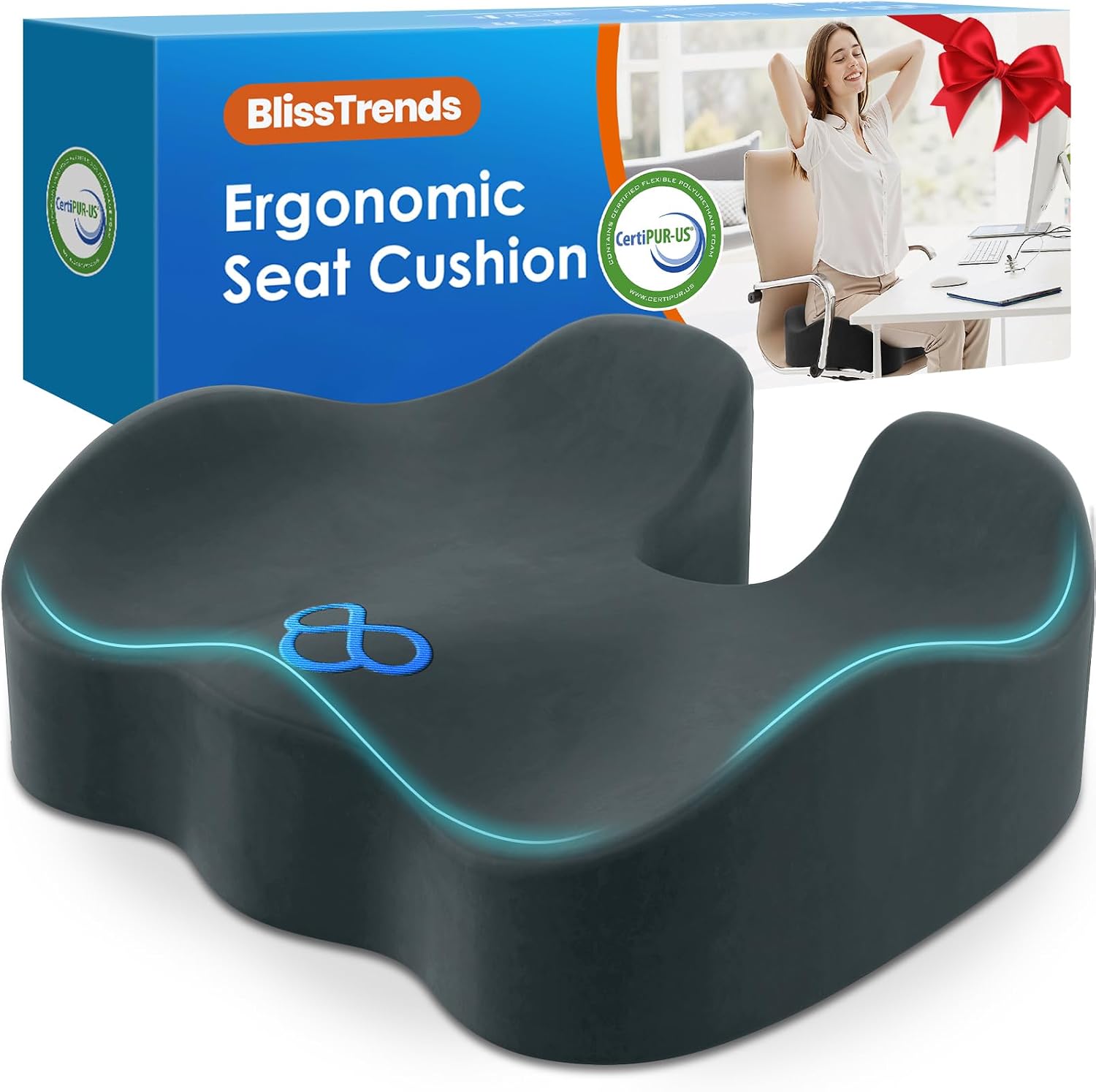 BlissTrends Seat Cushion, Thick Memory Foam Cushions for Office Chair, Car Seat, Airplane, Relieving Pressure Tailbone Sciatica Back Pain fo…
