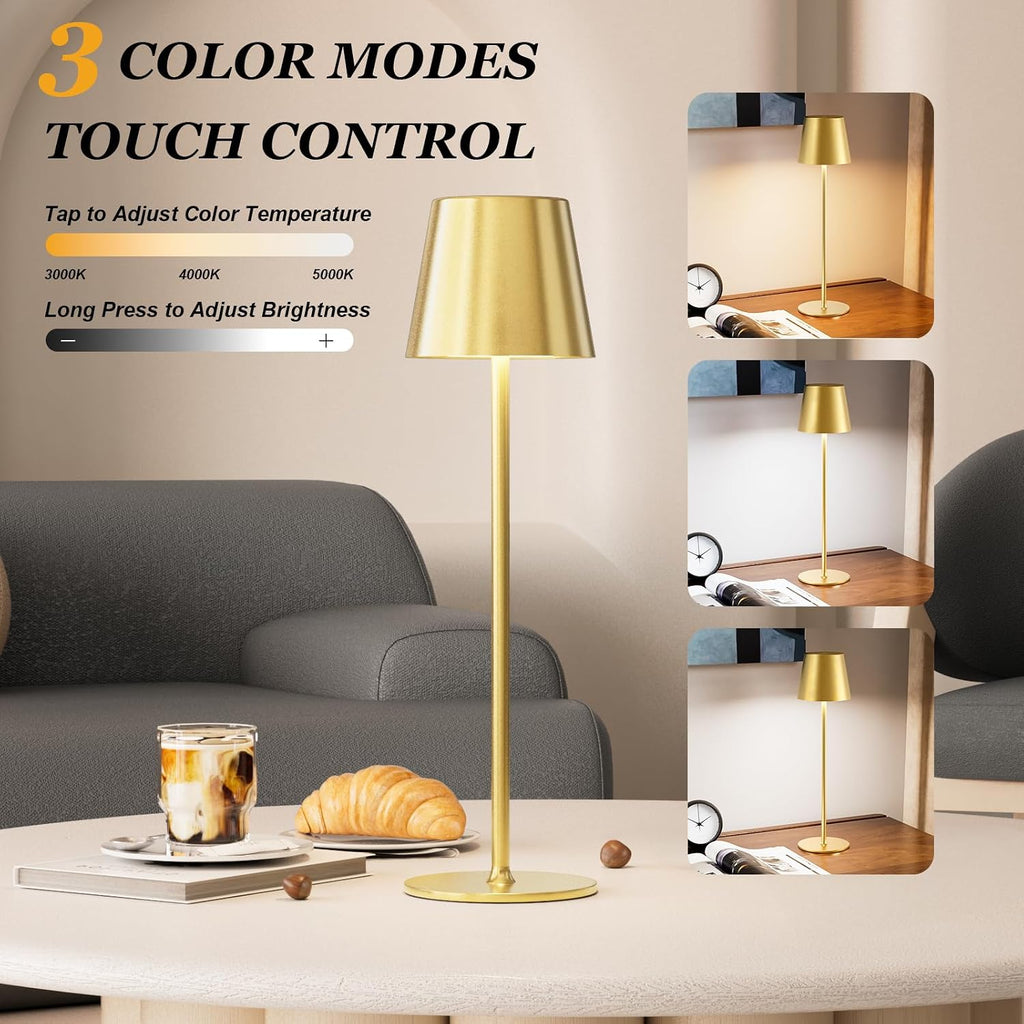 Cordless Table Lamp Rechargeable Gold - KK 2 Pack 5000mAH Battery Operated Lamp for Dining Table, 3 Color Stepless Dimming Wireless Lamp…